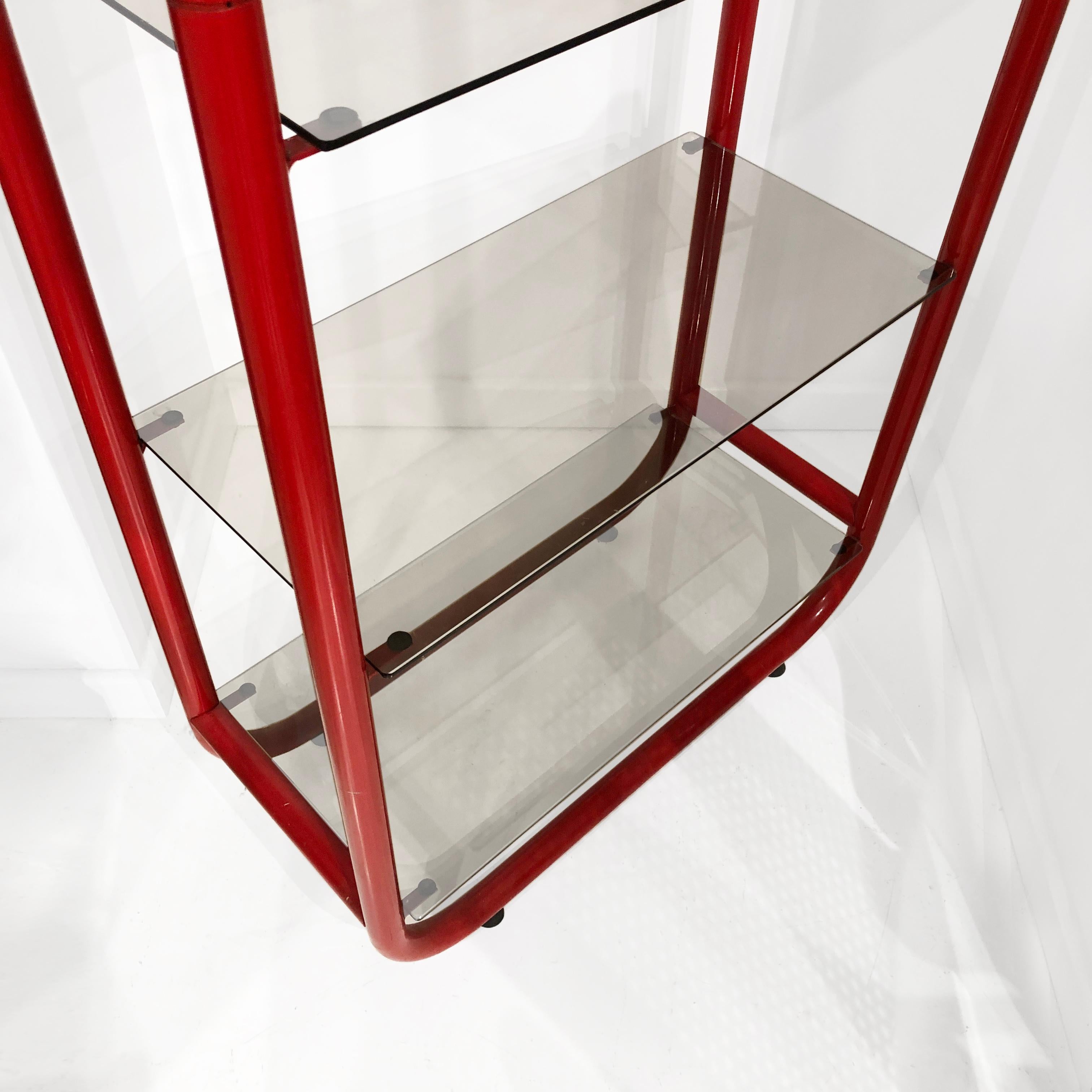 Powder-Coated 1980s Red Memphis Design Period Etagere #1 Sottsass style Clear Glass Postmodern For Sale
