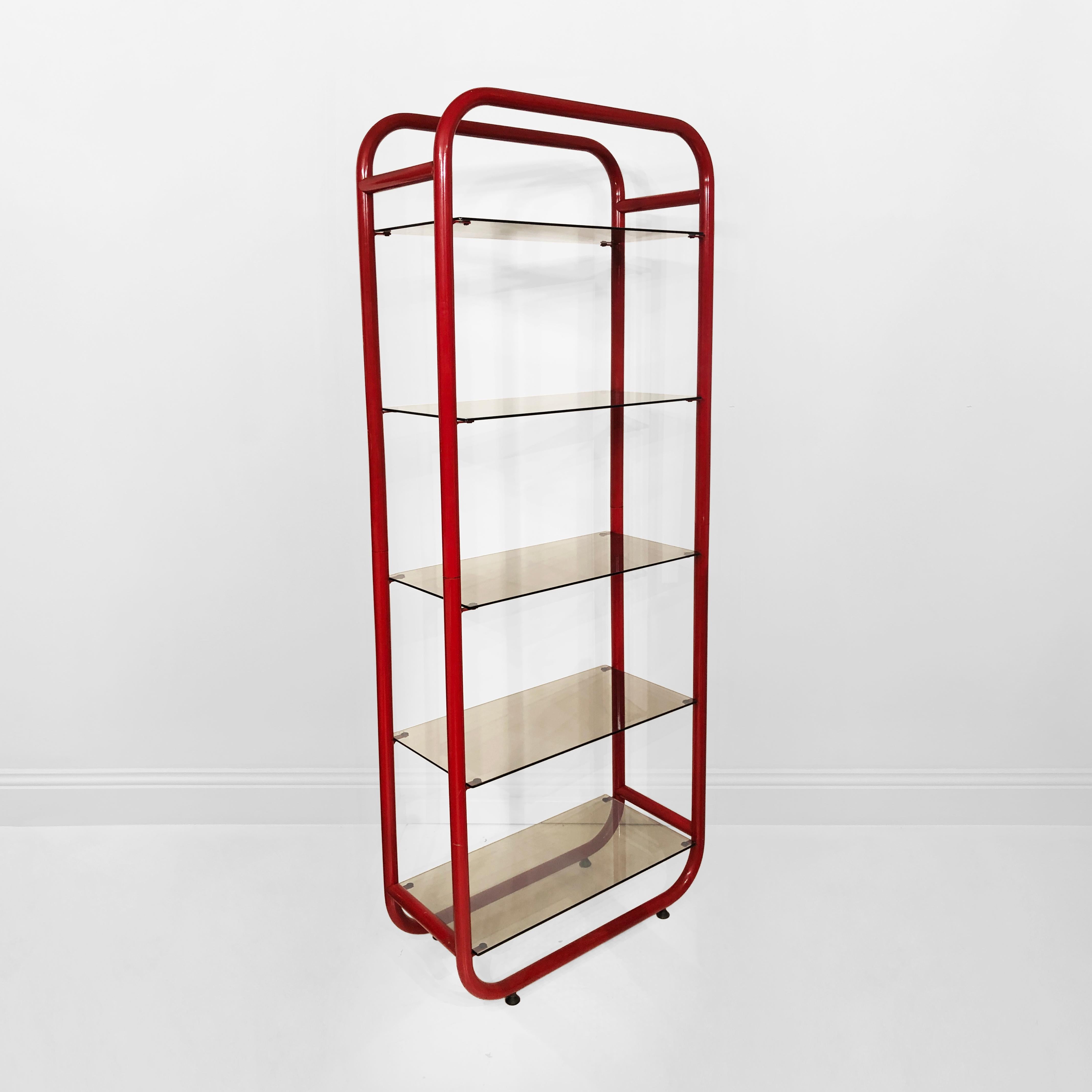 1980s Red Memphis Design Period Etagere #1 Sottsass style Clear Glass Postmodern In Good Condition For Sale In London, GB