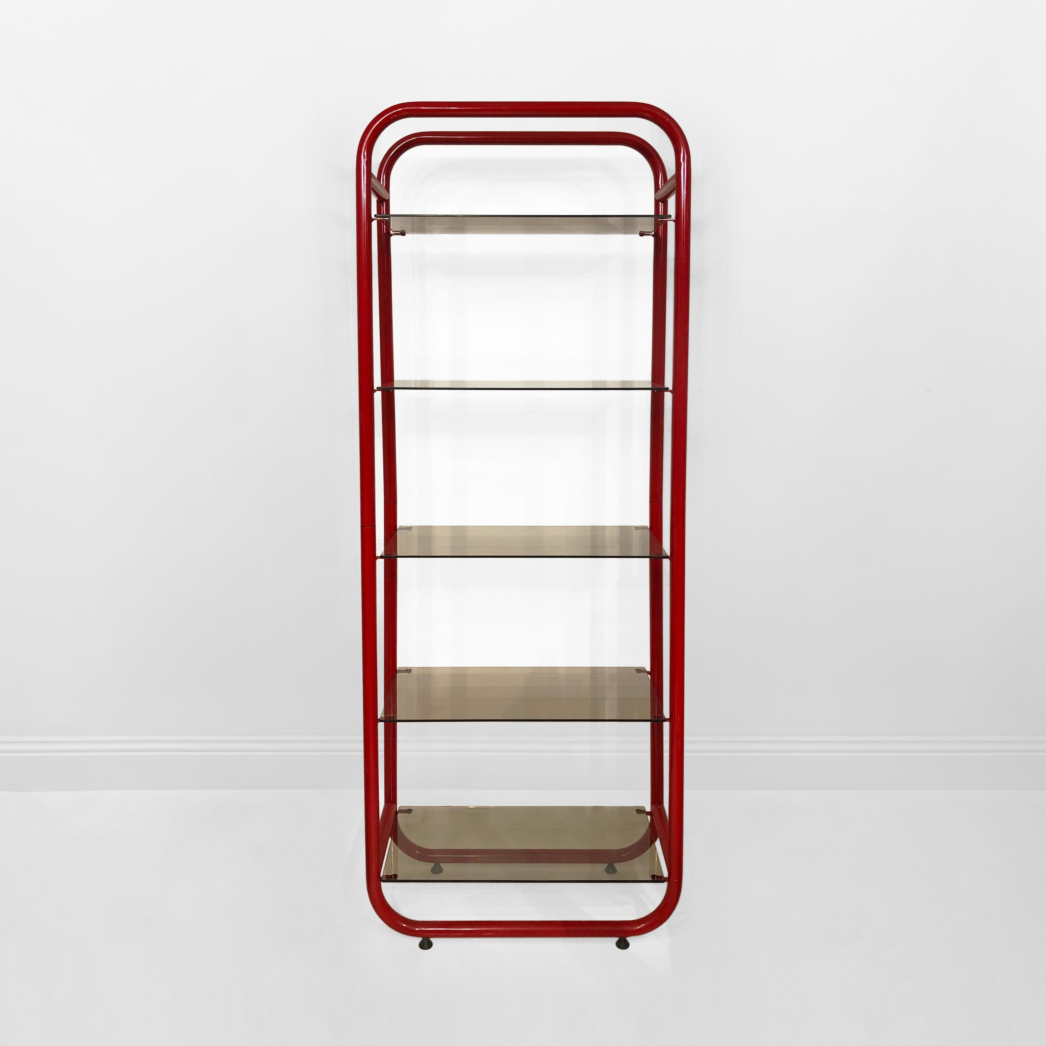 Late 20th Century 1980s Red Memphis Design Period Etagere #1 Sottsass style Clear Glass Postmodern For Sale