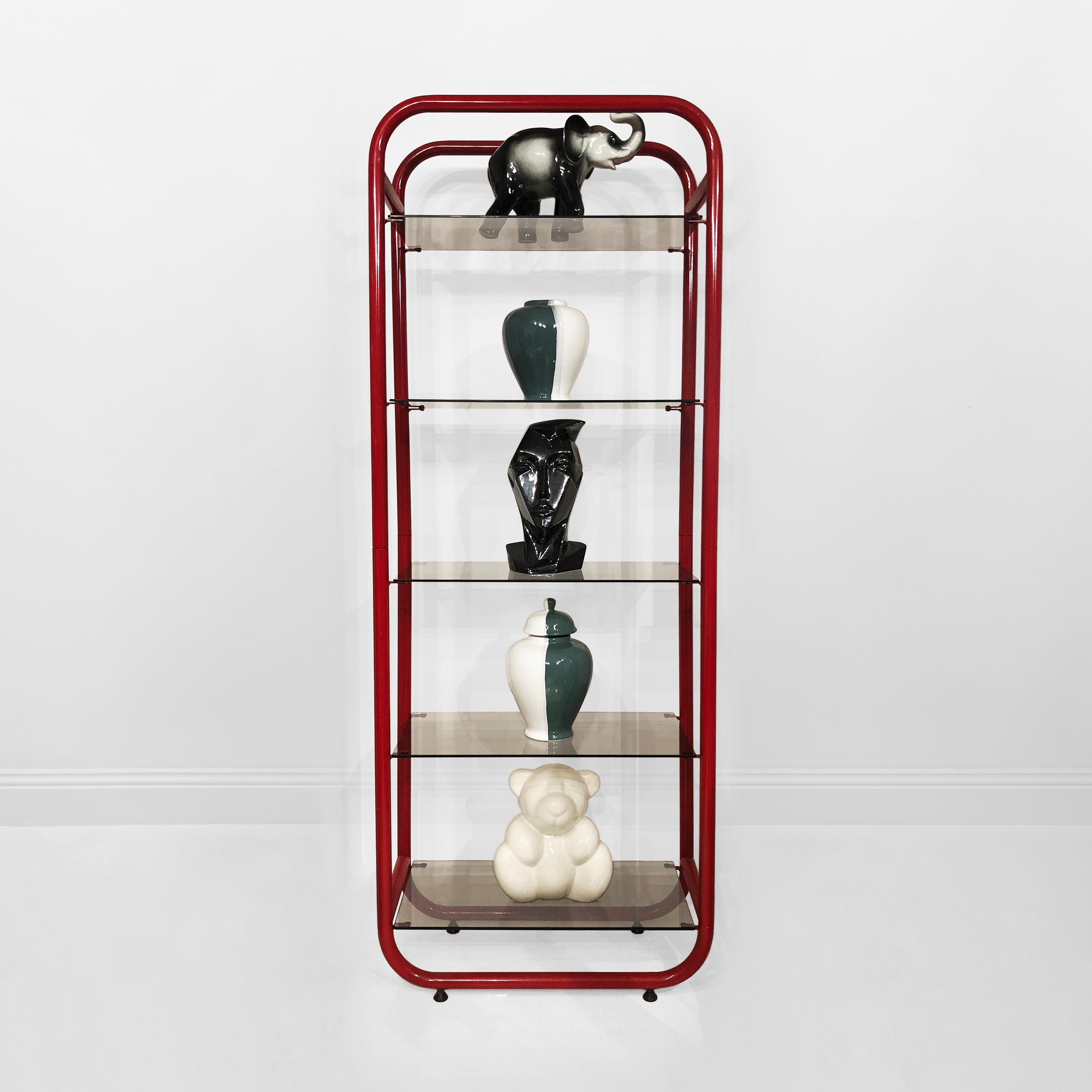 Metal 1980s Red Memphis Design Period Etagere #1 Sottsass style Clear Glass Postmodern For Sale