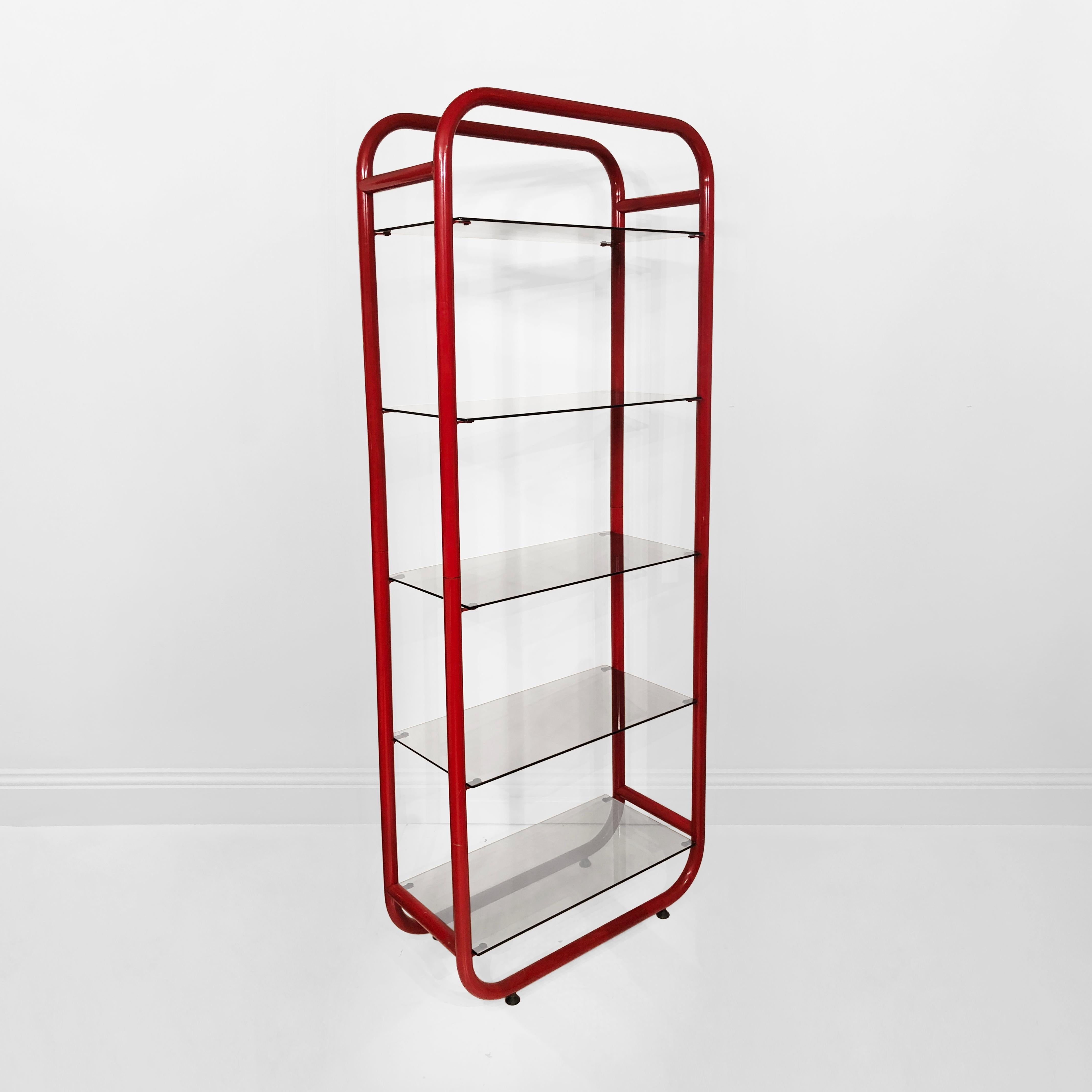 Post-Modern 1980s Red Memphis Design Period Etagere #1 Sottsass style Clear Glass Postmodern For Sale