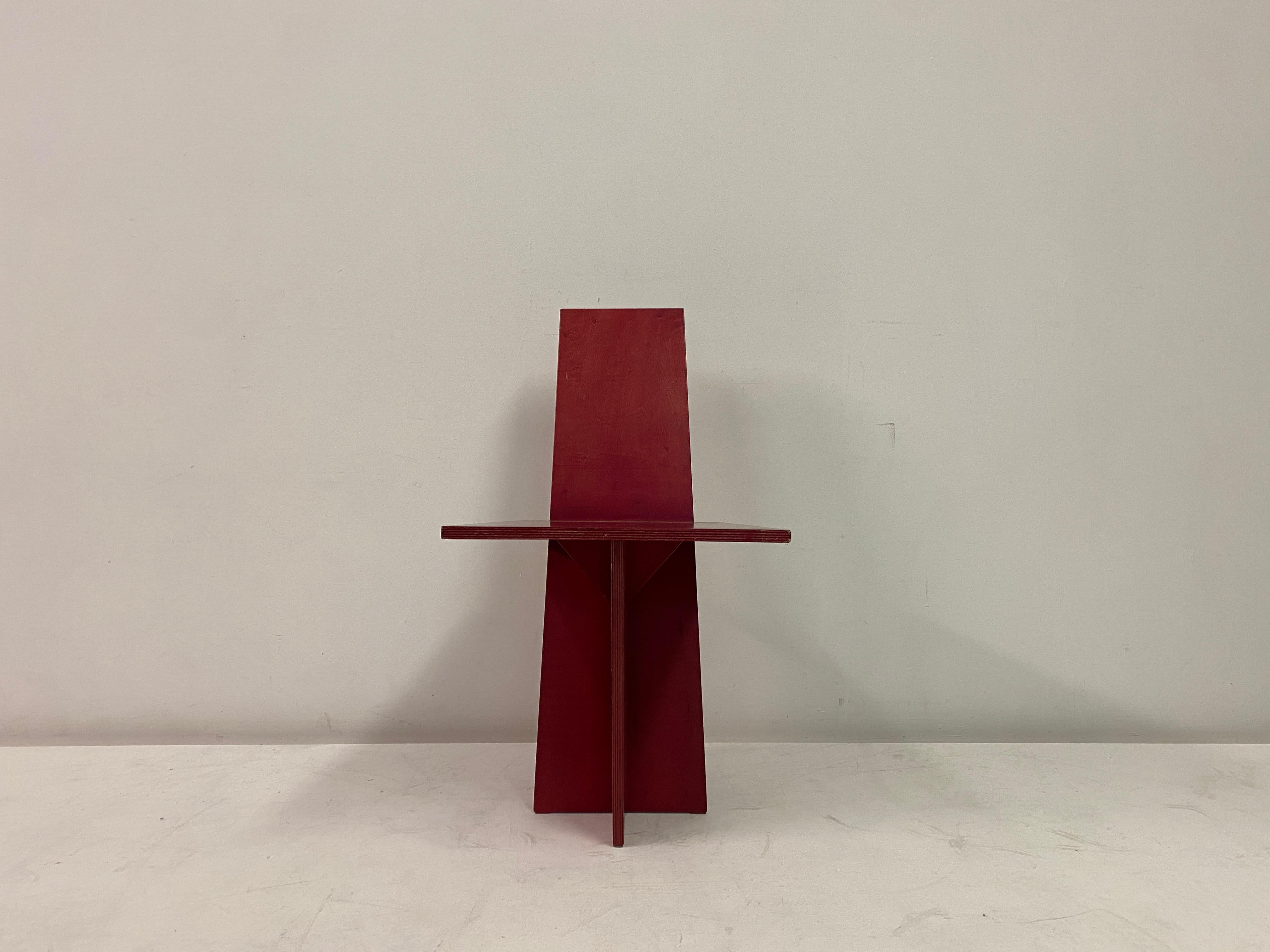Plywood chair

Modernist

Red painted

Maker unknown

1970s-1980s

Sourced from Italy 

Measures: Seat height 44cm.