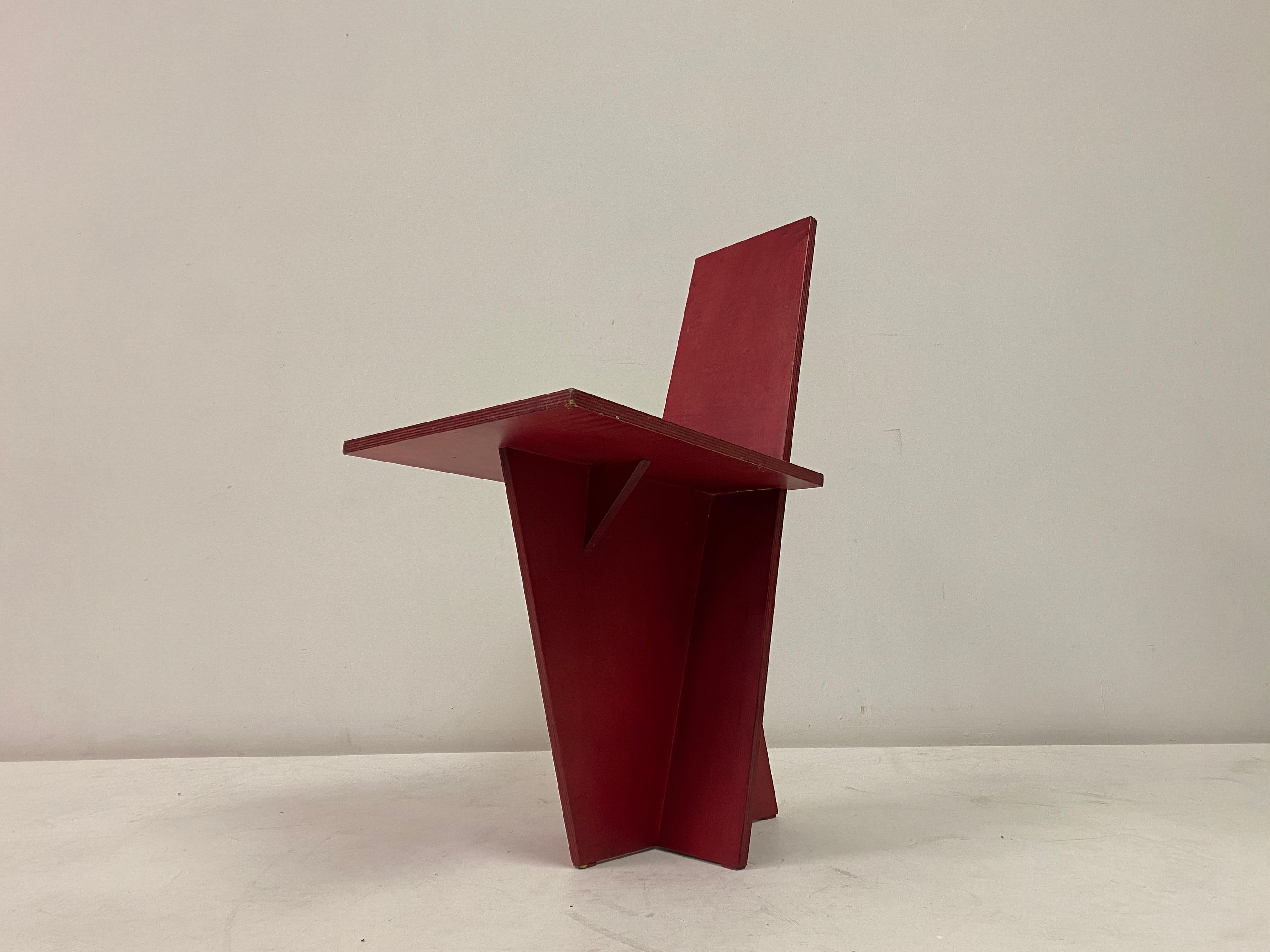 1980s Red Modernist Plywood Chair For Sale 1