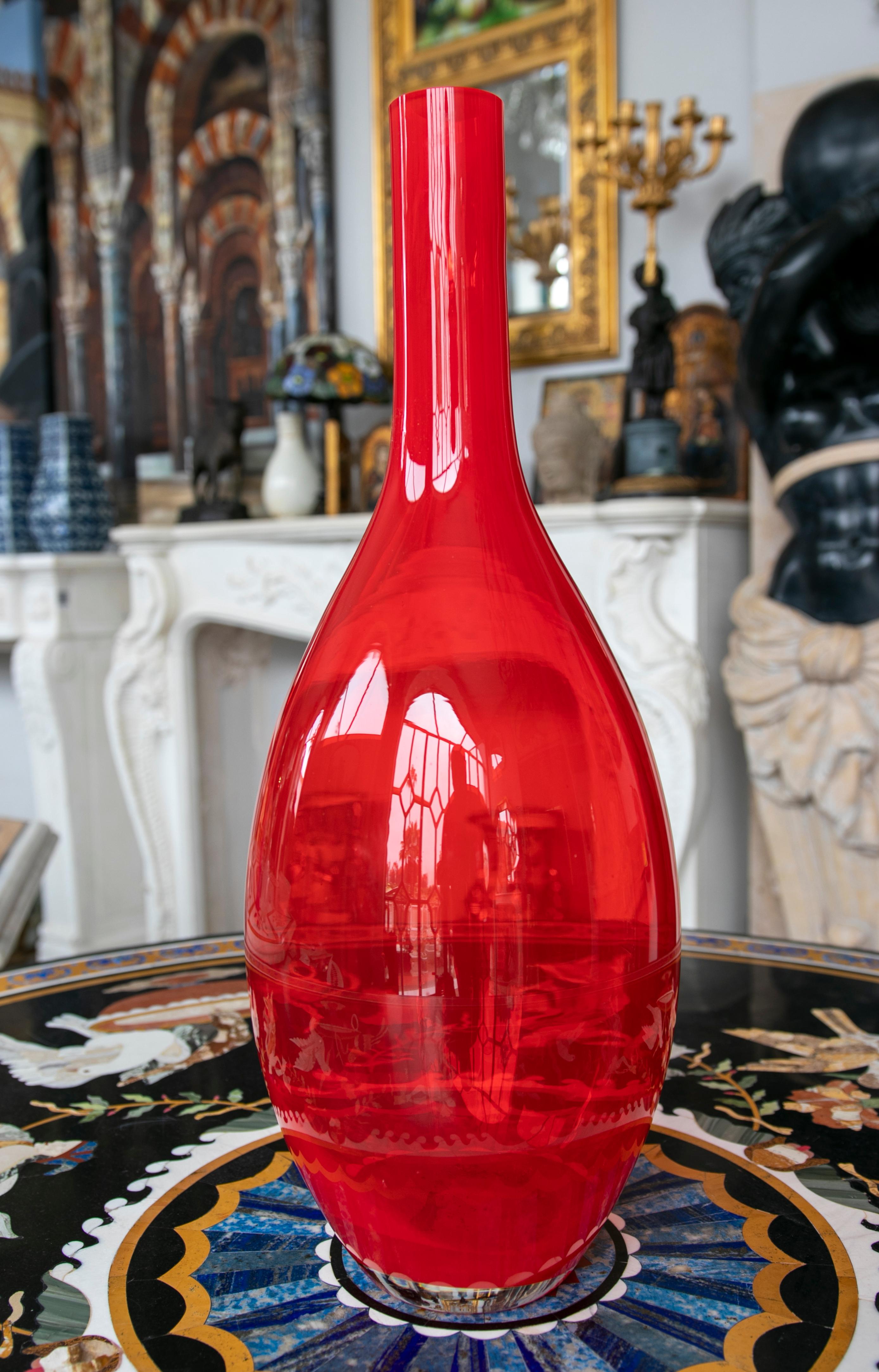 1980s Red Murano vase with tall neck.