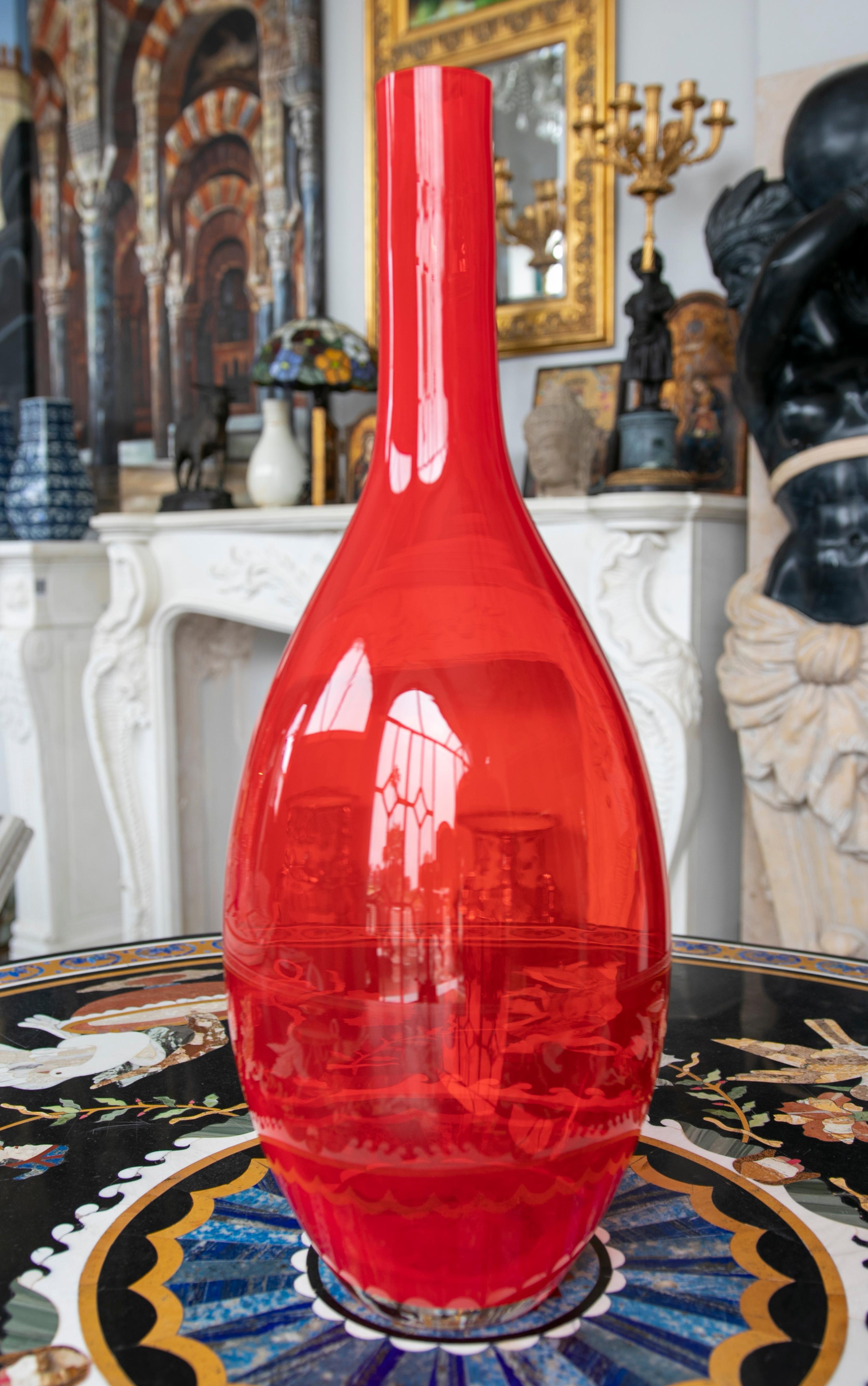 Italian 1980s Red Murano Vase with Tall Neck For Sale