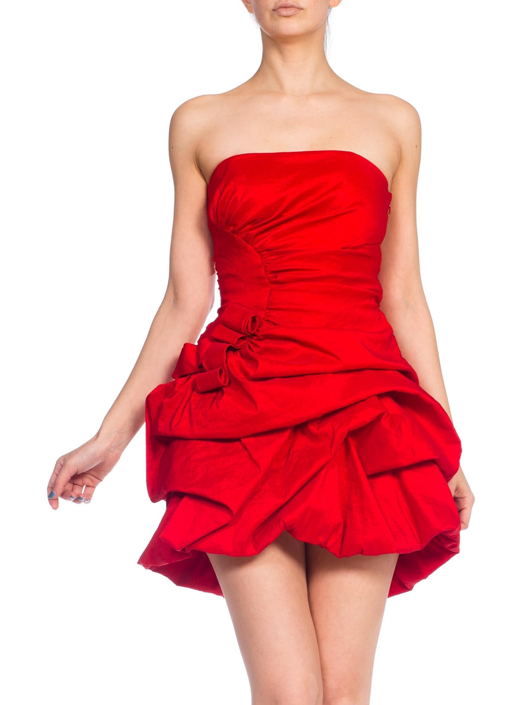 1980S Red Poly/Lycra Taffeta Strapless Poof Skirt Cocktail Dress 4