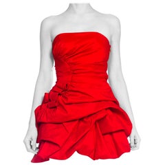 1980S Red Poly/Lycra Taffeta Strapless Poof Skirt Cocktail Dress