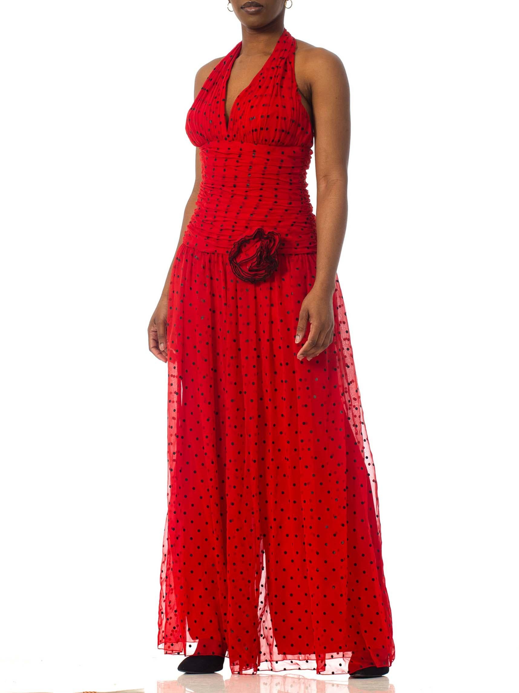 1980S Red Polyester Chiffon Polka Dot Jumpsuit 1