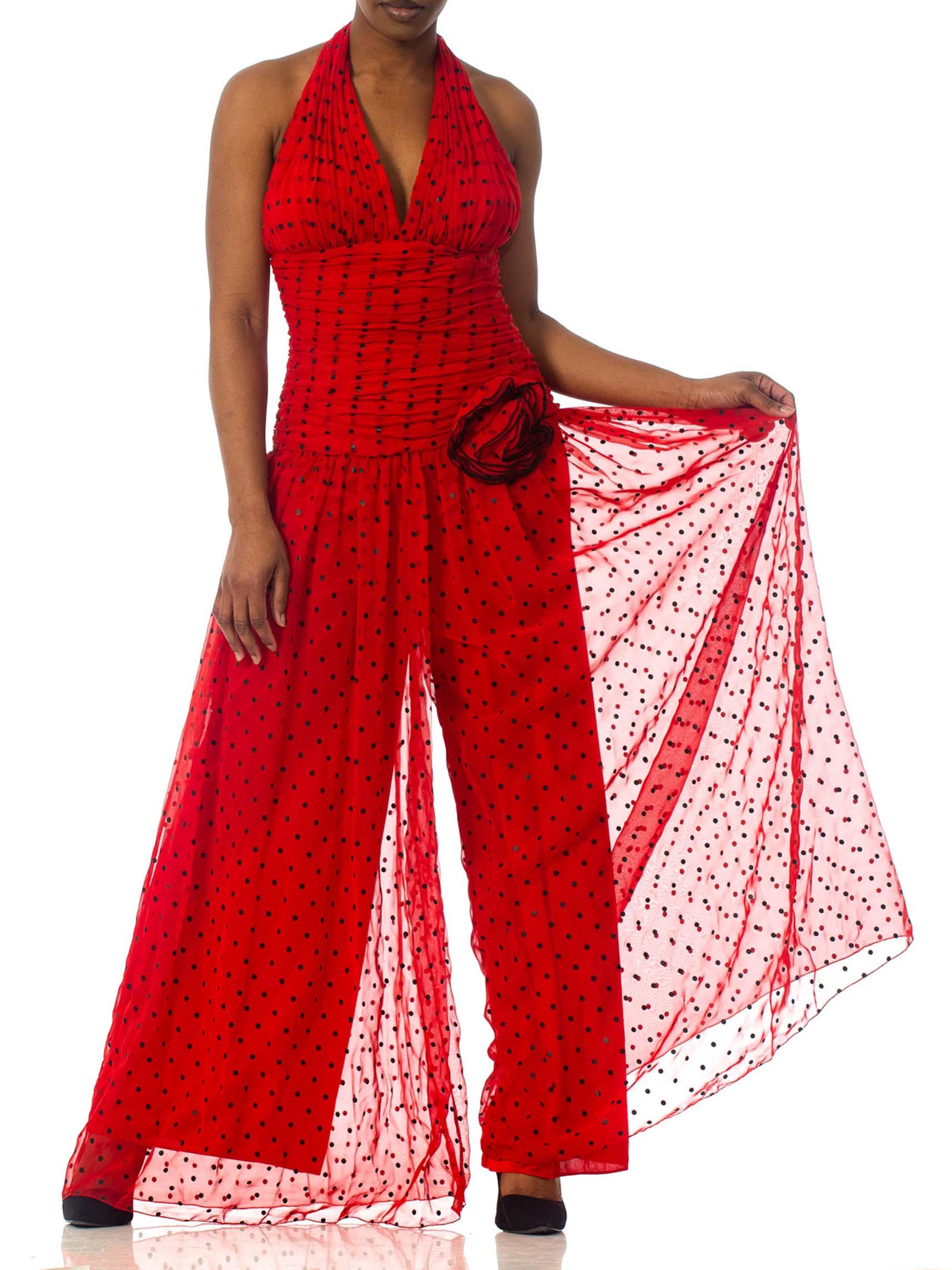 1980S Red Polyester Chiffon Polka Dot Jumpsuit 2