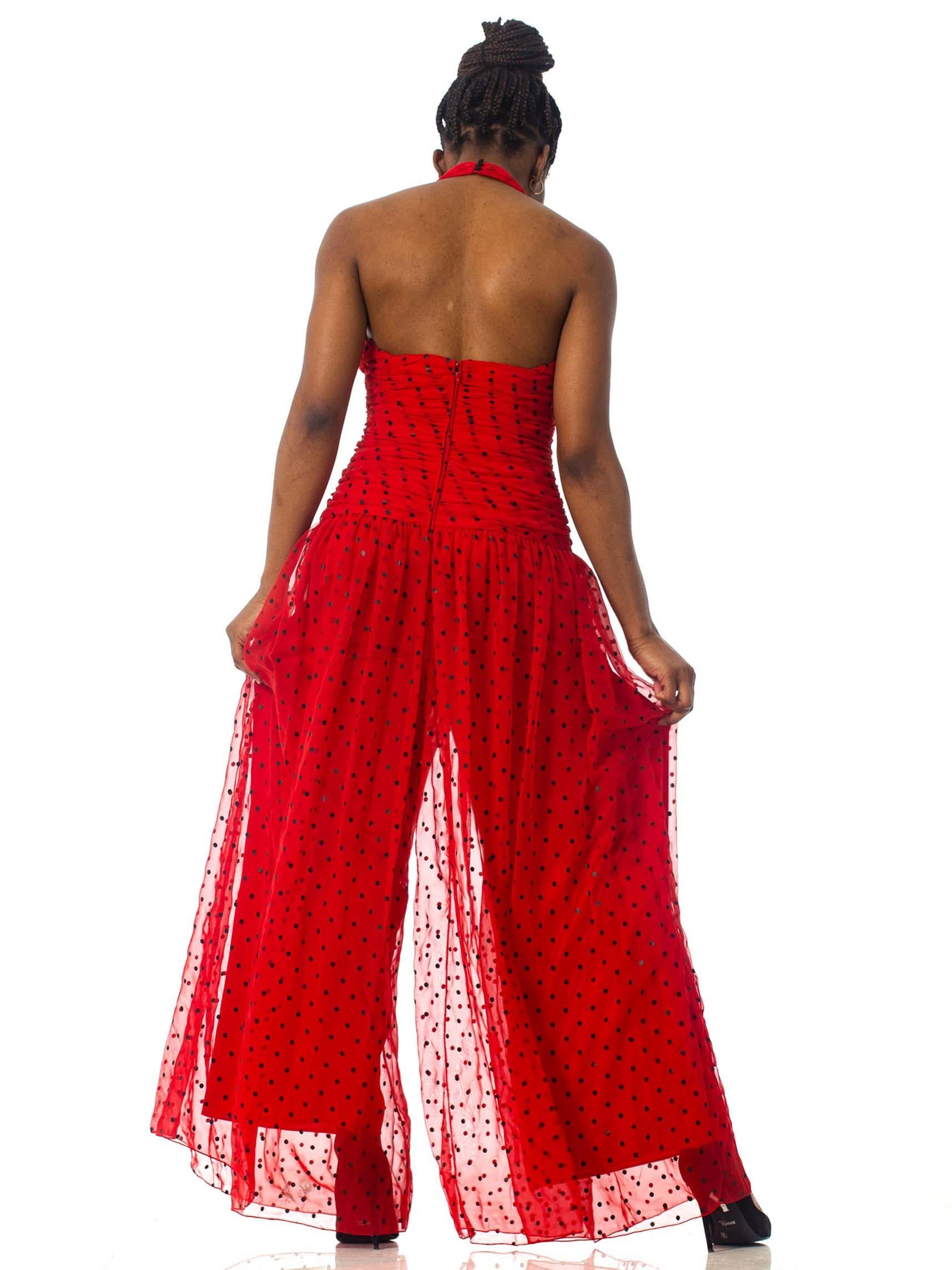 1980S Red Polyester Chiffon Polka Dot Jumpsuit 3