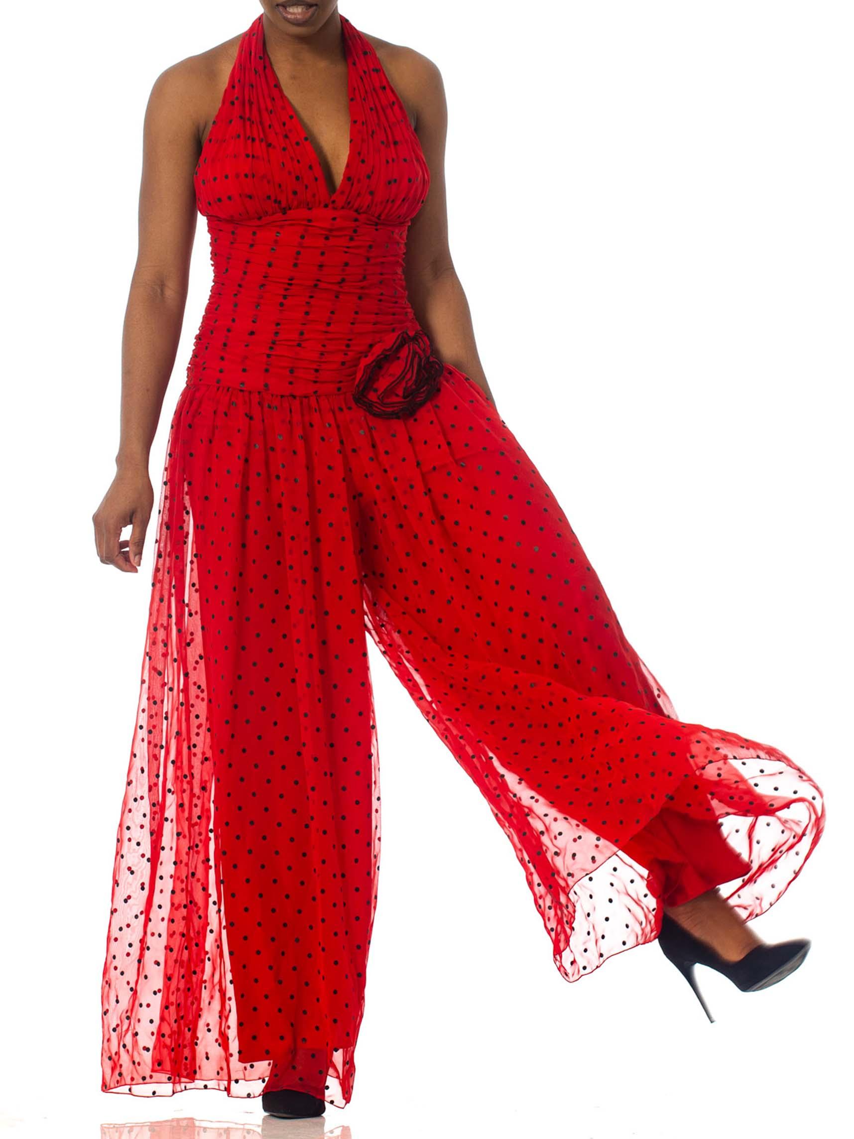 1980S Red Polyester Chiffon Polka Dot Jumpsuit 4