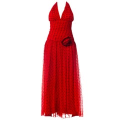 1980S Red Polyester Chiffon Polka Dot Jumpsuit