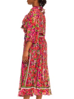 1980S Red, Purple & Green Sequined Polyester Ruffled Tropical Dress