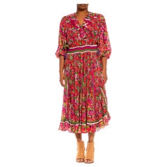 1980S Red, Purple & Green Sequined Polyester Ruffled Tropical Dress