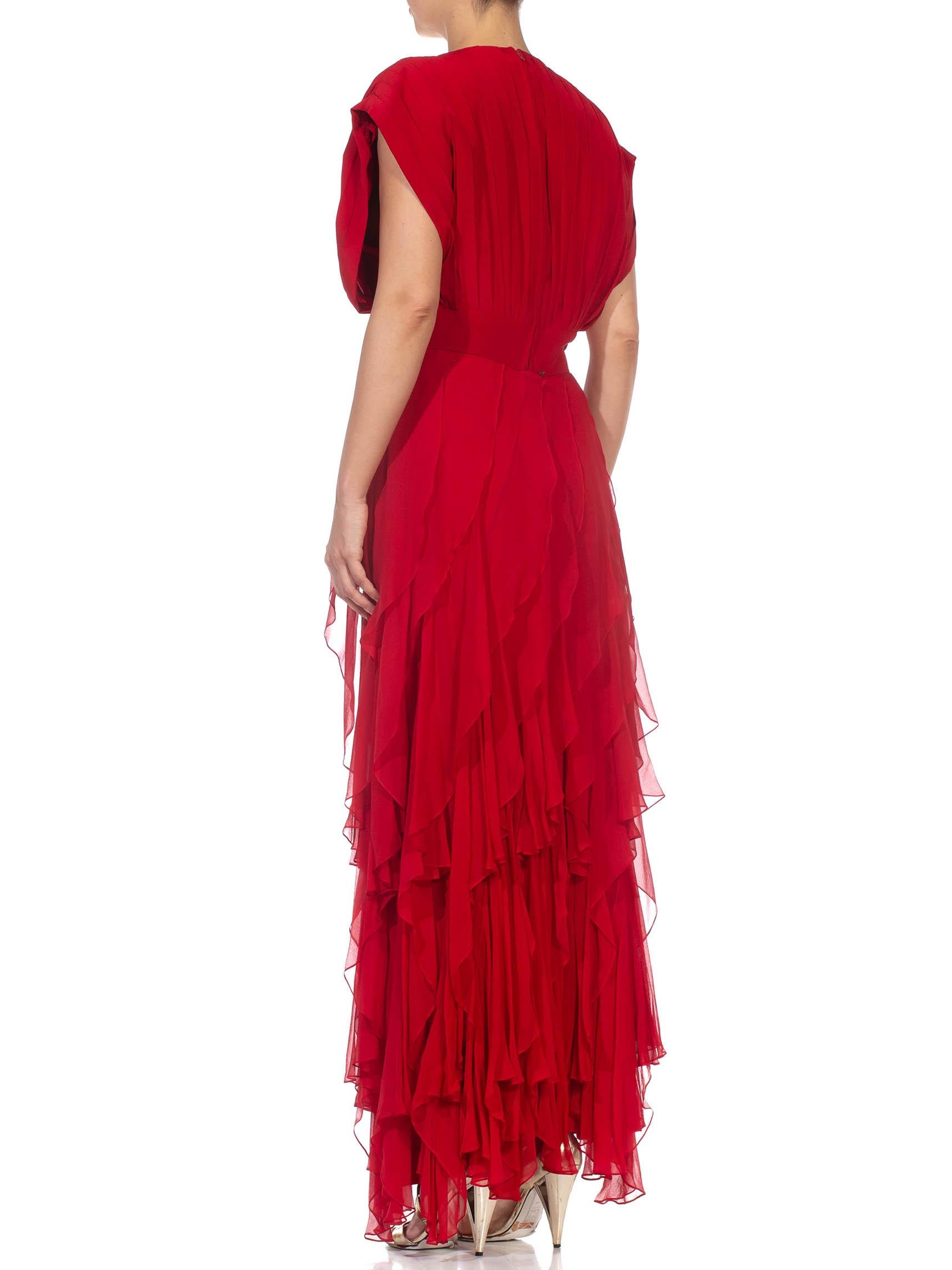1980S Red Silk Chiffon Pleated Bodice Gown With Bias Layered Ruffled Skirt In Excellent Condition For Sale In New York, NY