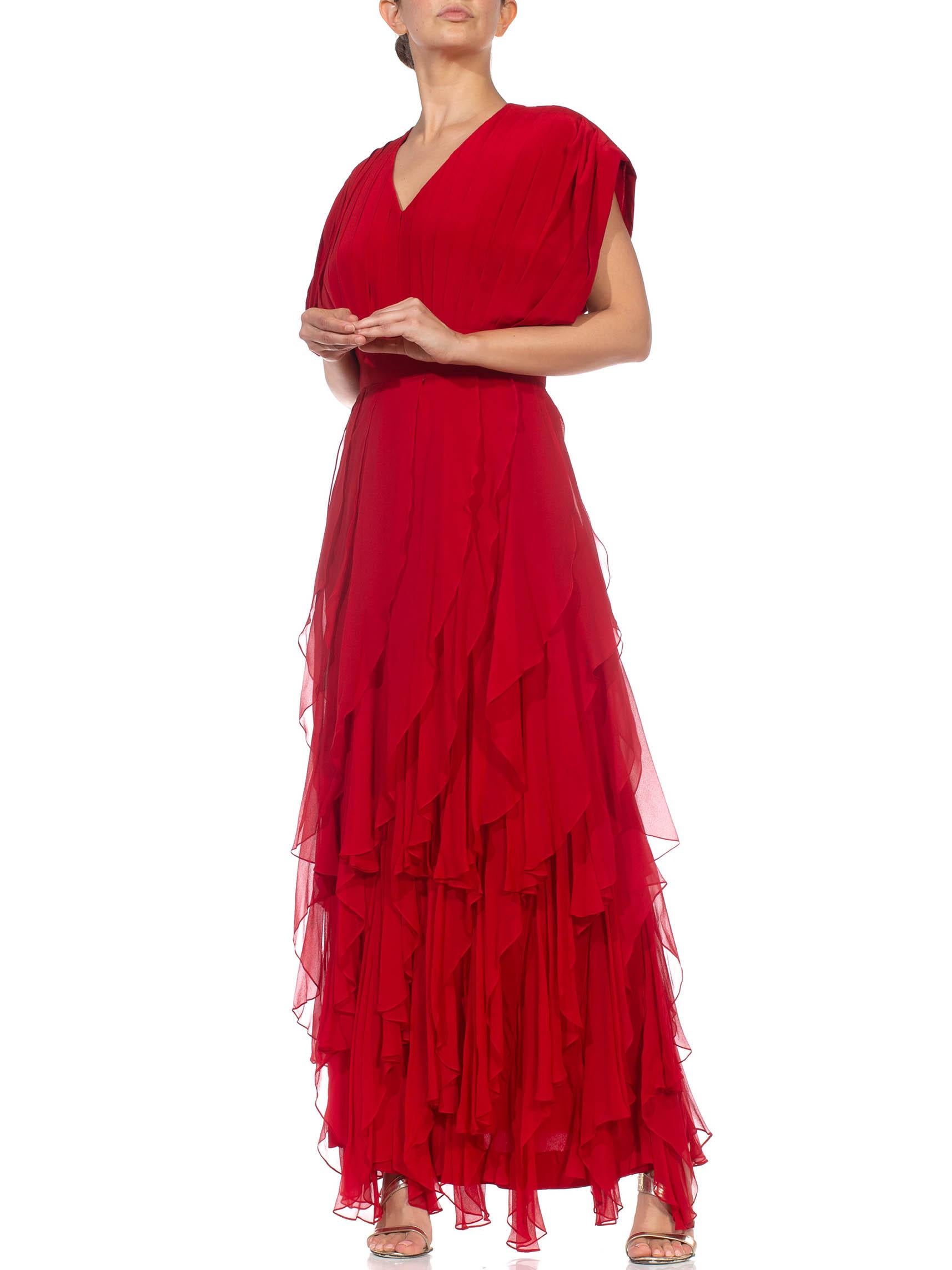 Women's 1980S Red Silk Chiffon Pleated Bodice Gown With Bias Layered Ruffled Skirt For Sale