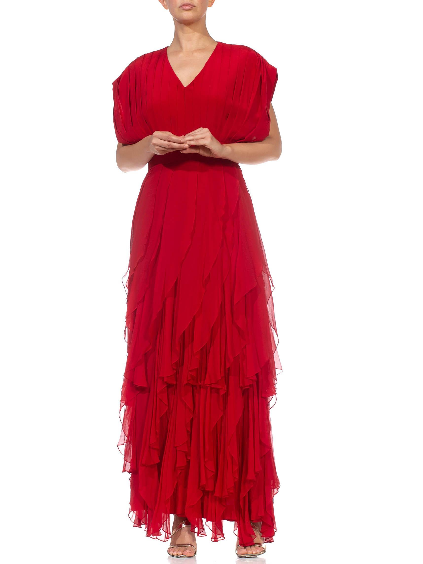 1980S Red Silk Chiffon Pleated Bodice Gown With Bias Layered Ruffled Skirt For Sale 1