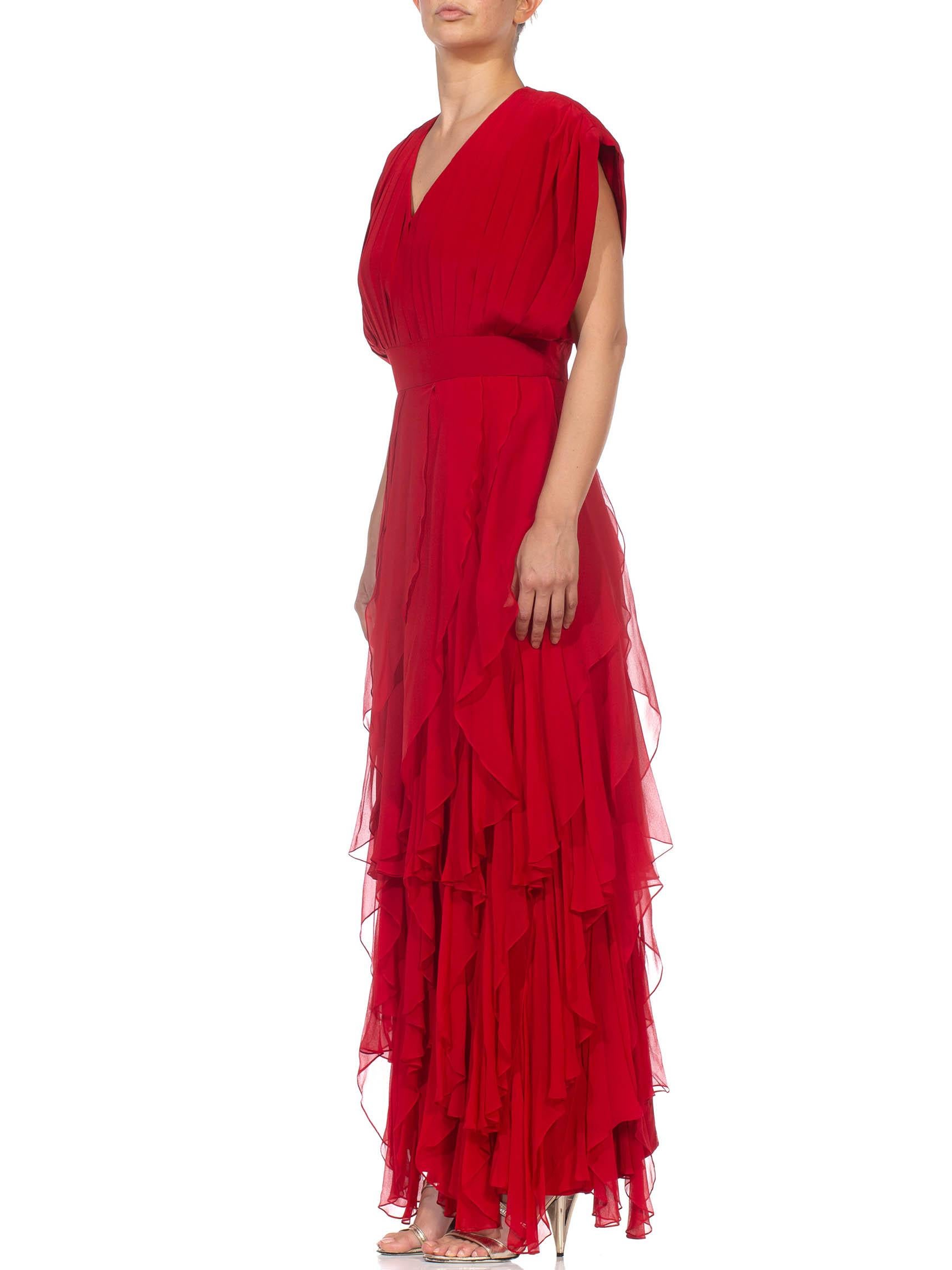 1980S Red Silk Chiffon Pleated Bodice Gown With Bias Layered Ruffled Skirt For Sale 2