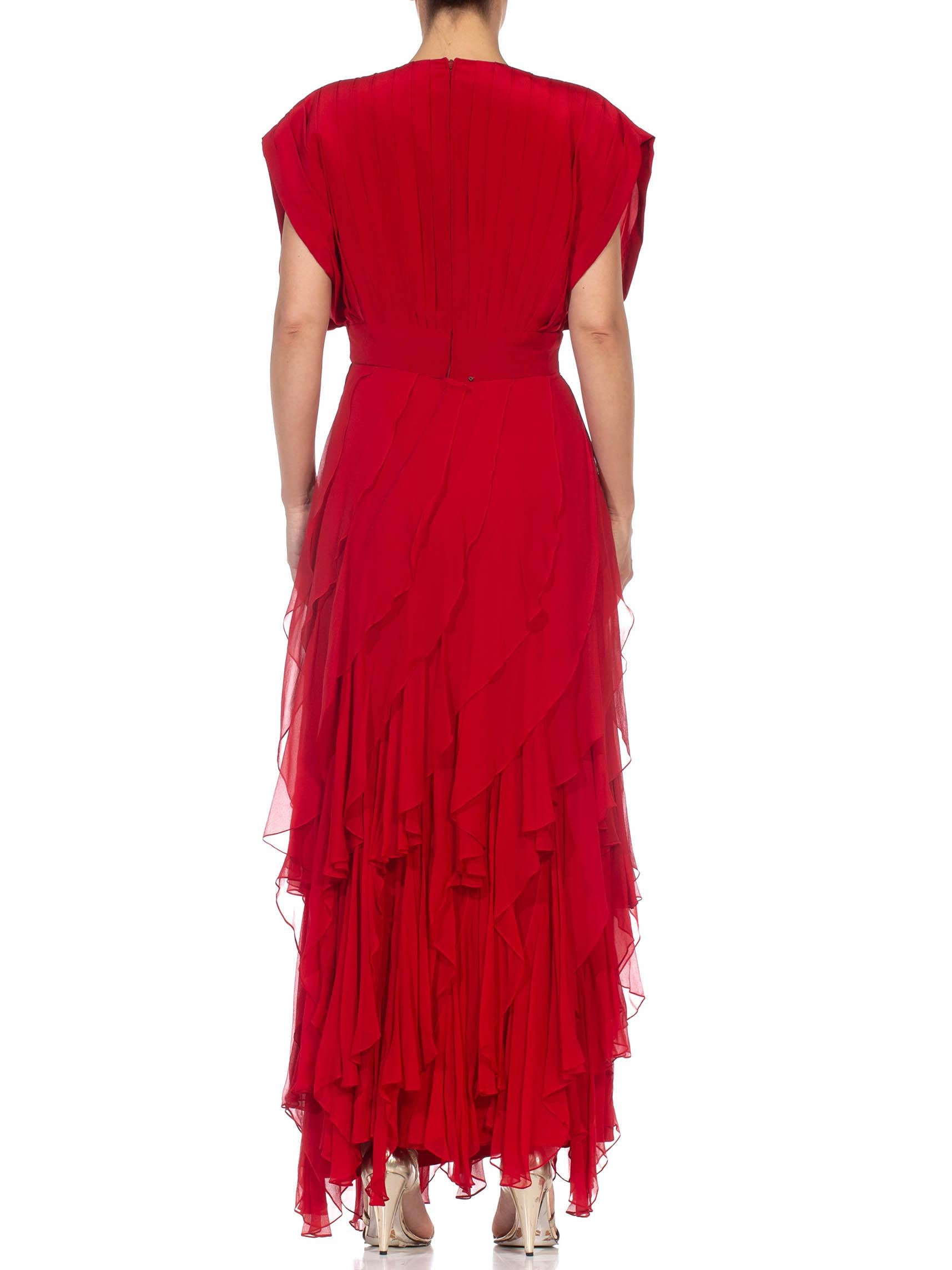 1980S Red Silk Chiffon Pleated Bodice Gown With Bias Layered Ruffled Skirt For Sale 3