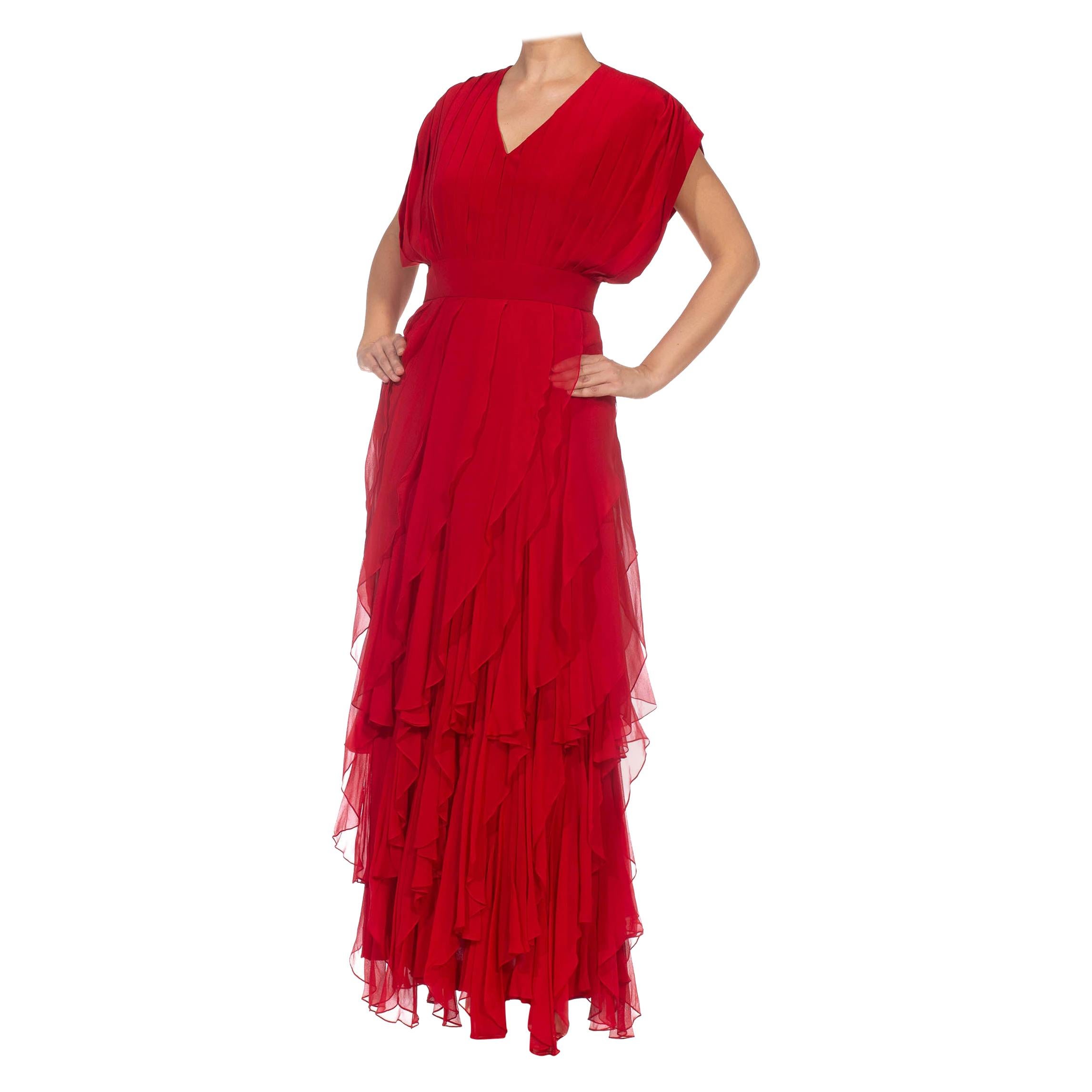 1980S Red Silk Chiffon Pleated Bodice Gown With Bias Layered Ruffled Skirt For Sale