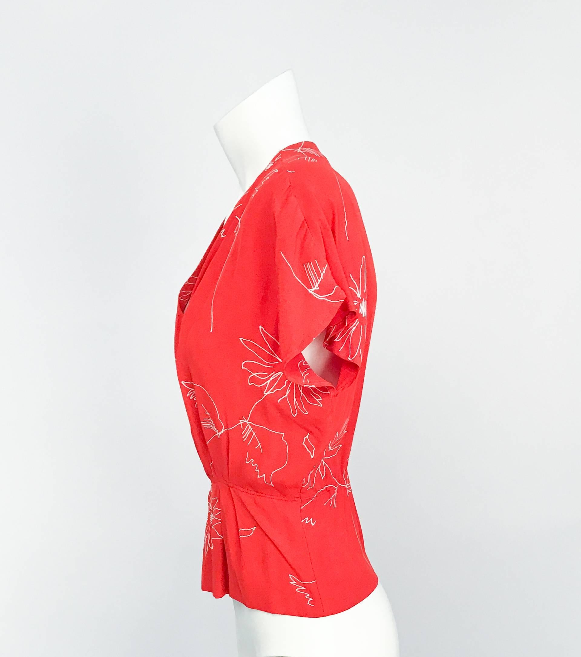 1980s Red Silk Red Daisy Blouse. Red silk blouse with white daisy novelty print.