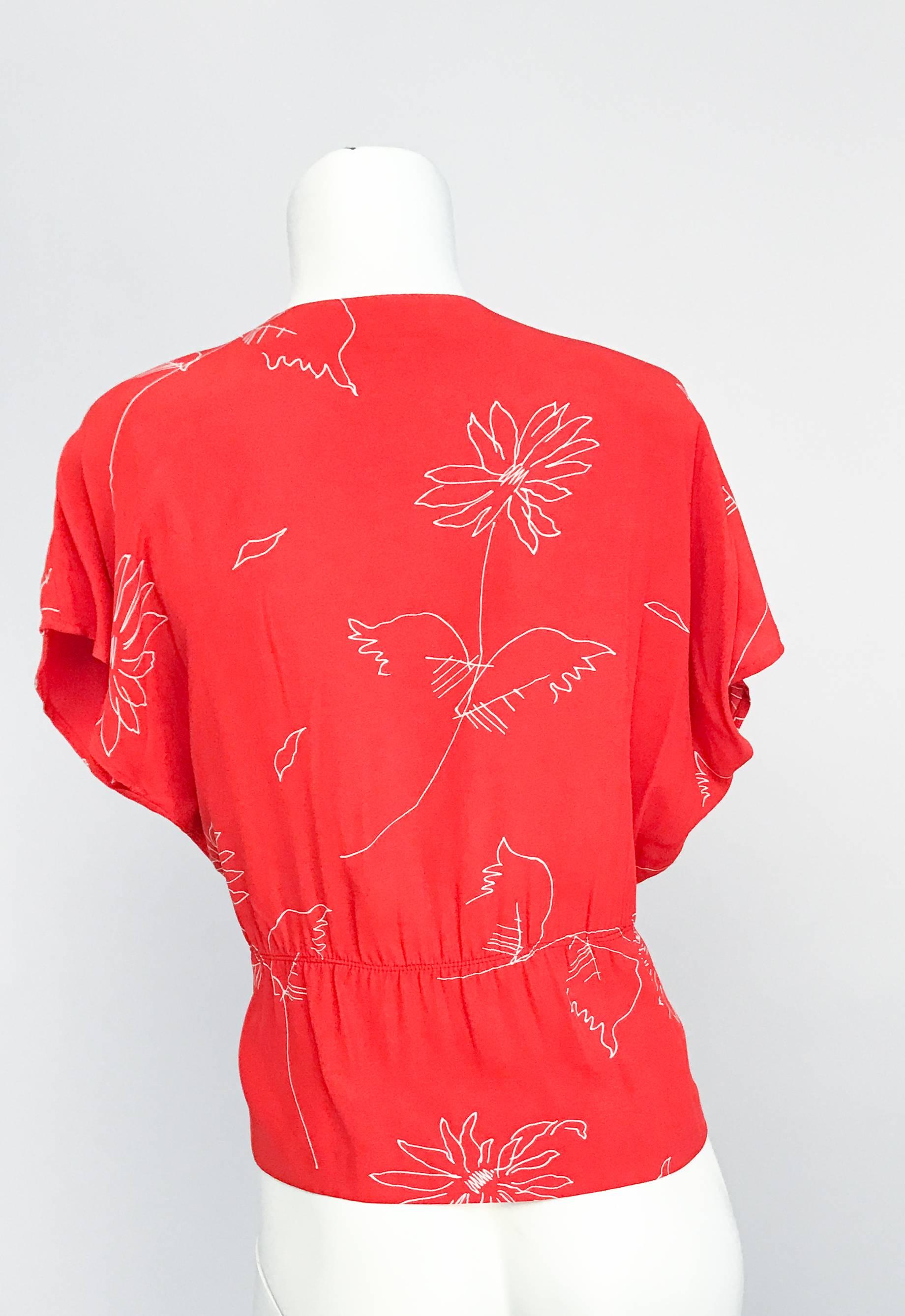 1980er Rote Seidenbluse Rote Gänseblümchen Bluse Damen im Angebot