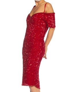 1980S Red Silk Sequin Encrusted Cocktail Dress