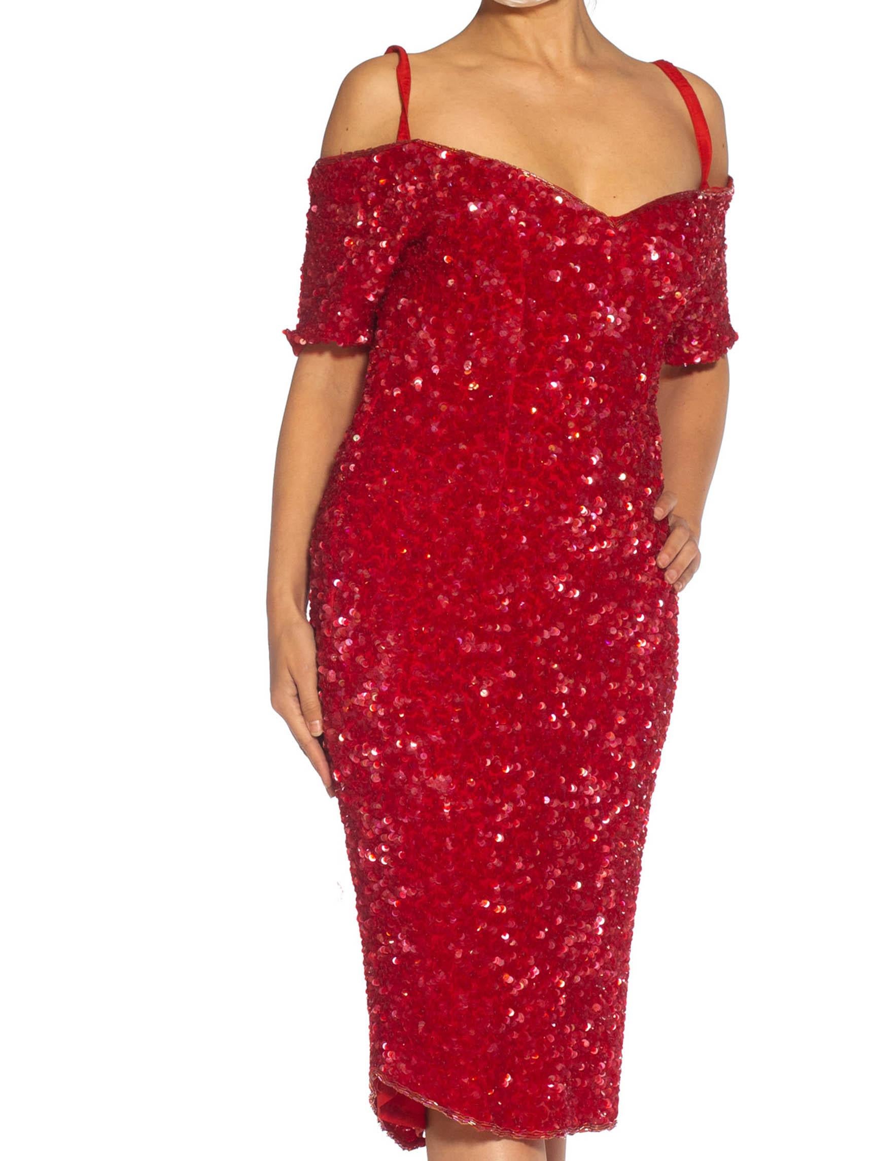 Women's 1980S Red Silk Sequin Encrusted Cocktail Dress For Sale