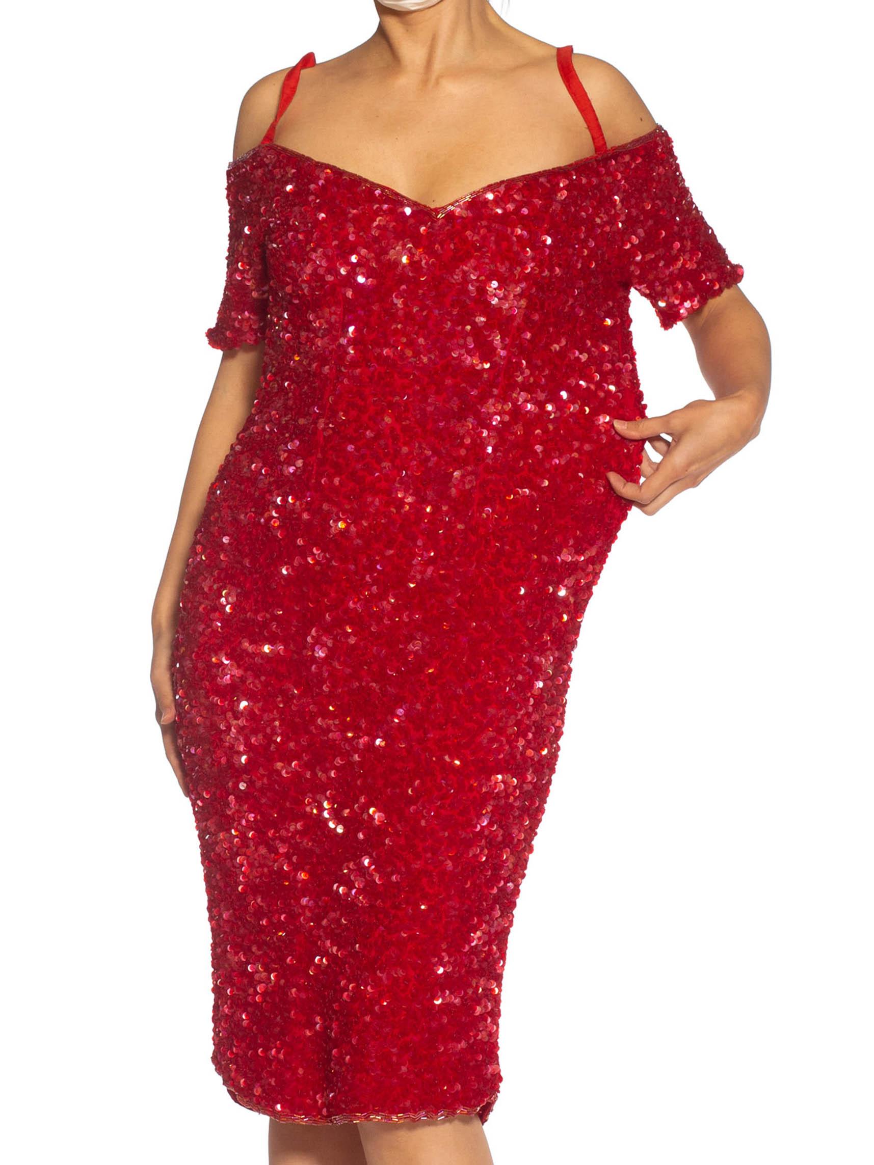 1980S Red Silk Sequin Encrusted Cocktail Dress For Sale 1
