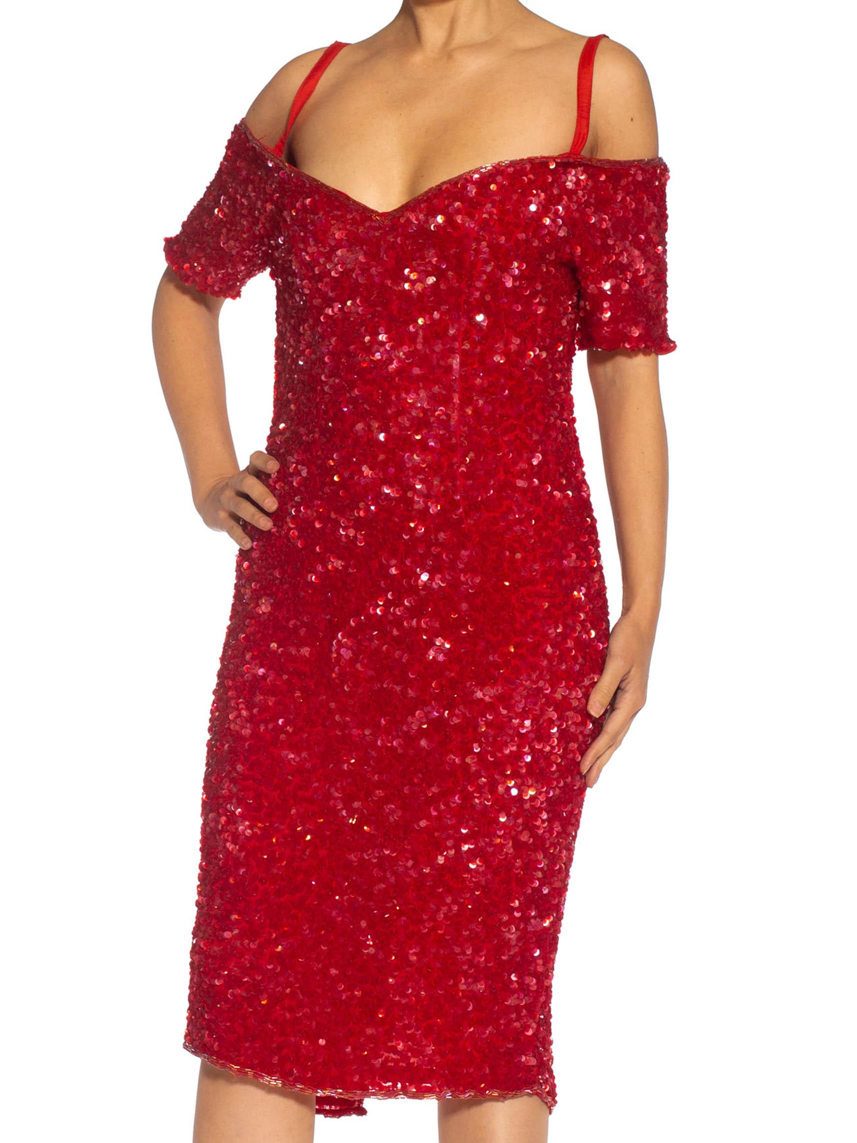 1980S Red Silk Sequin Encrusted Cocktail Dress For Sale 2