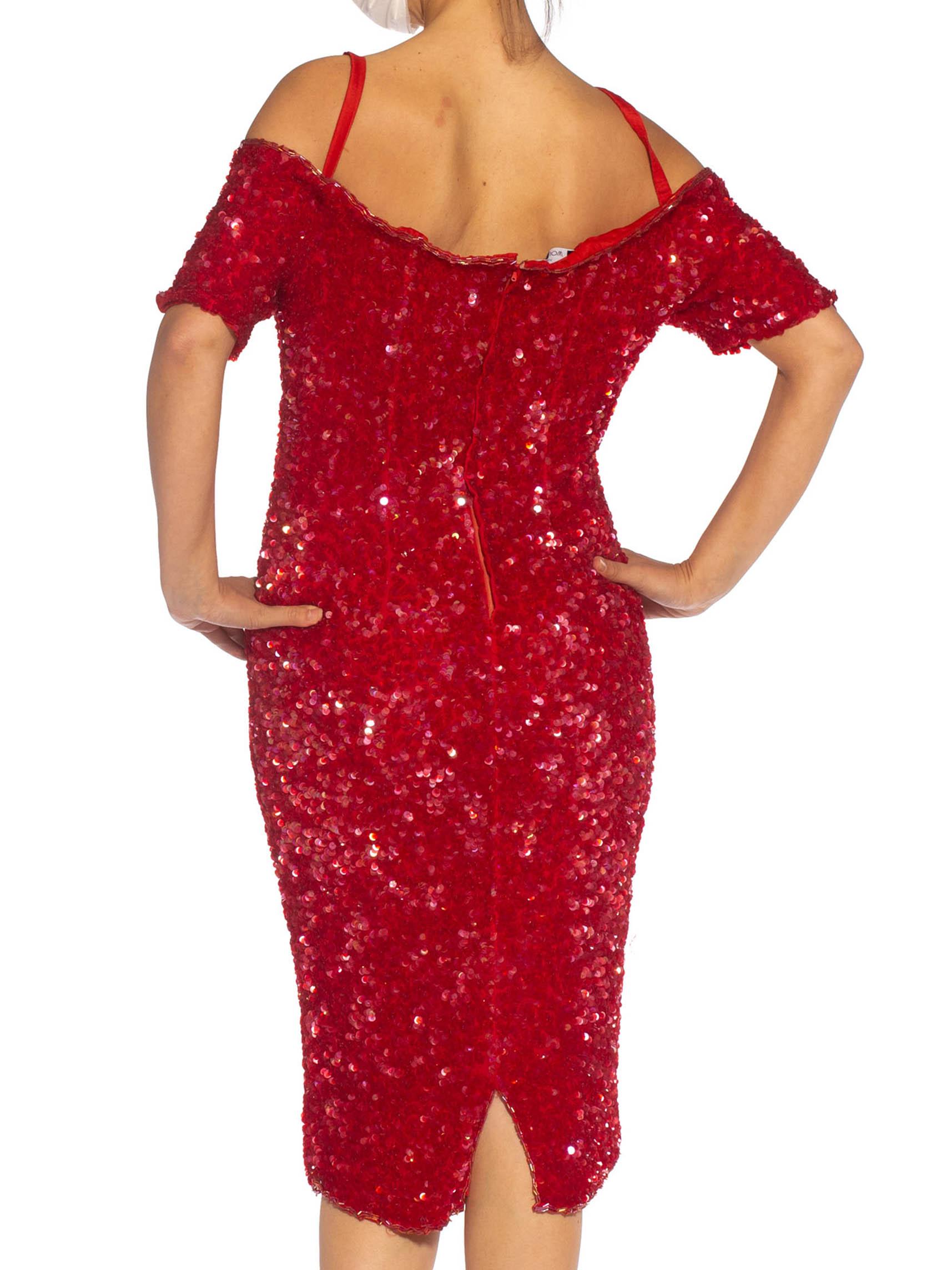1980S Red Silk Sequin Encrusted Cocktail Dress For Sale 3