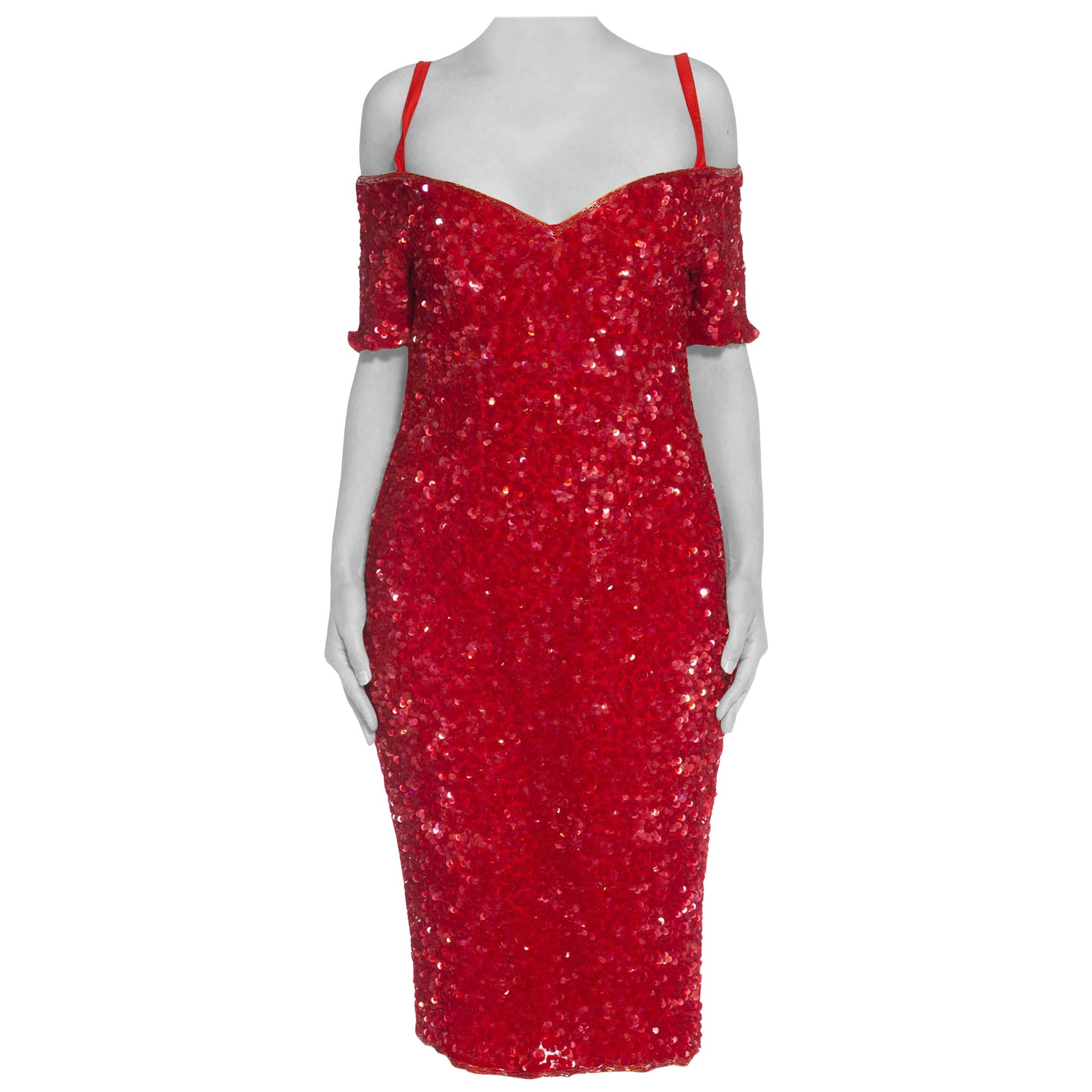 1980S Red Silk Sequin Encrusted Cocktail Dress For Sale