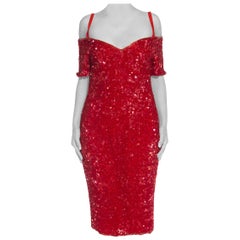 Robe de cocktail en soie rouge incrustée de sequins (années 1980)