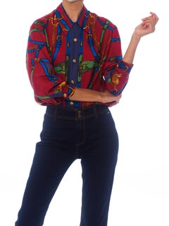 1980S Red Status Print Silk Equestrian Blouse Made In Italy