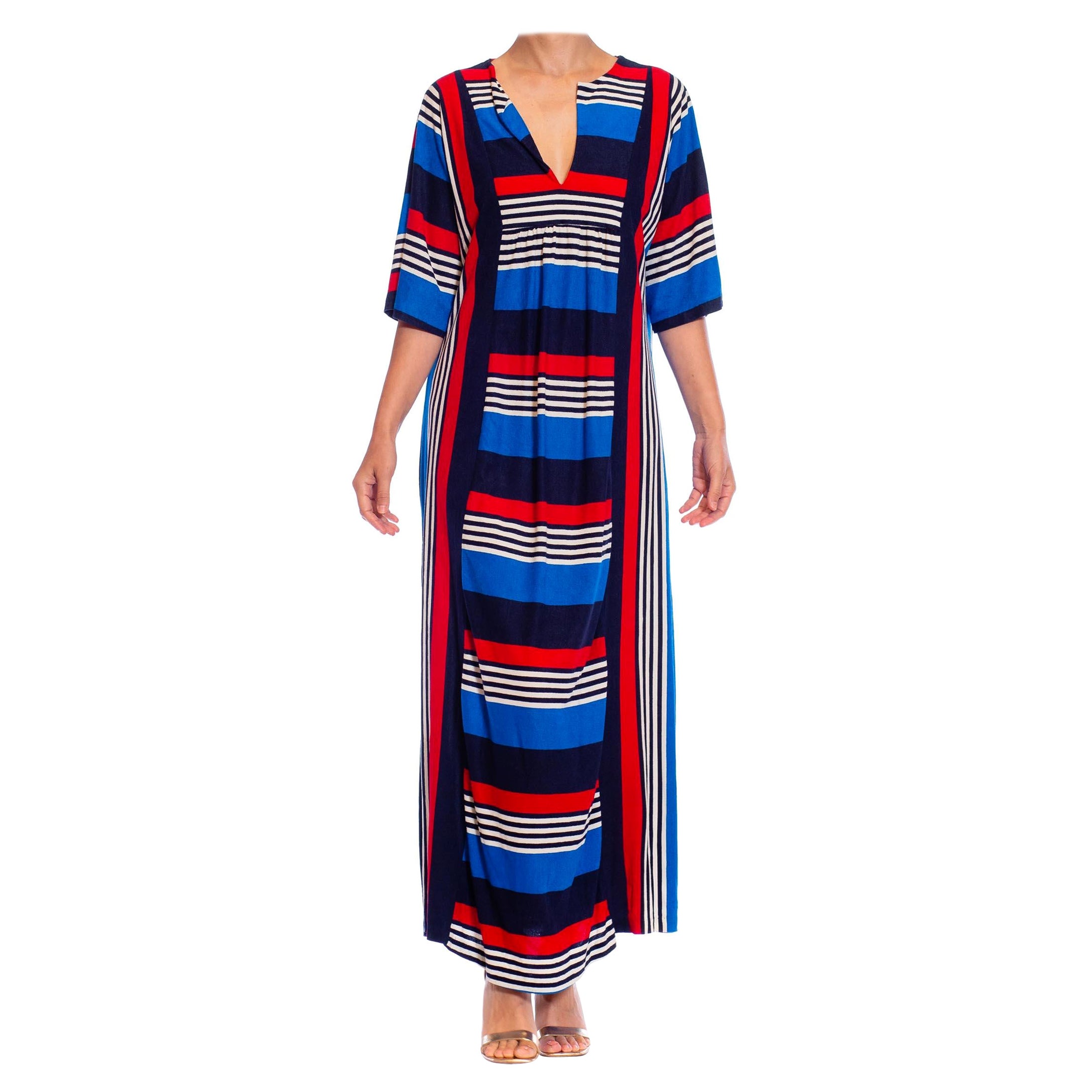 1980S Rot Weiß & Blau Poly/Nylon Terry Jersey Hauskleid