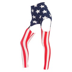 1980s Red, White & Blue Spandex Patriotic American Flag Suspender Leggings Pants