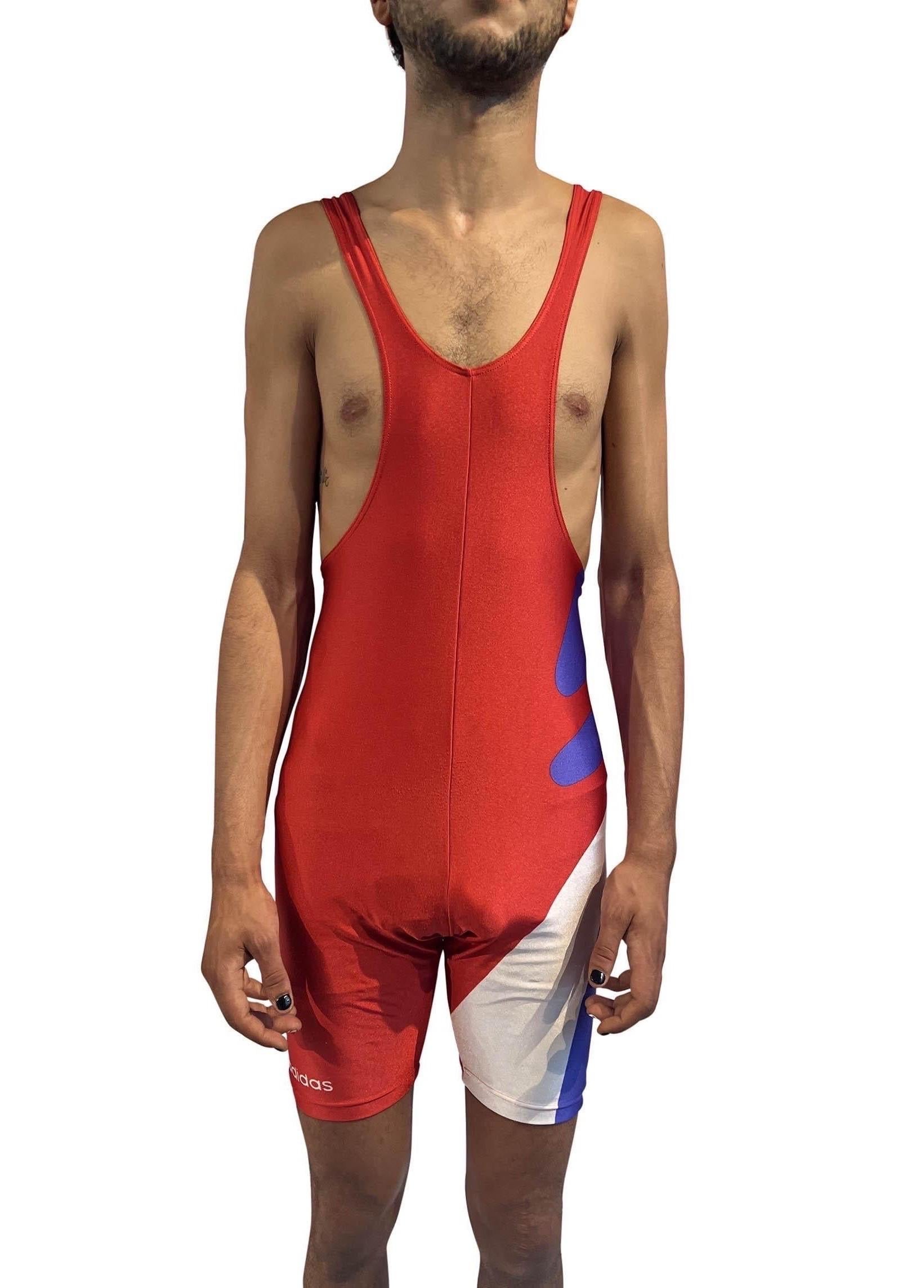 1980S Red White & Purple Wrestlers Adidas Unitard In Excellent Condition For Sale In New York, NY