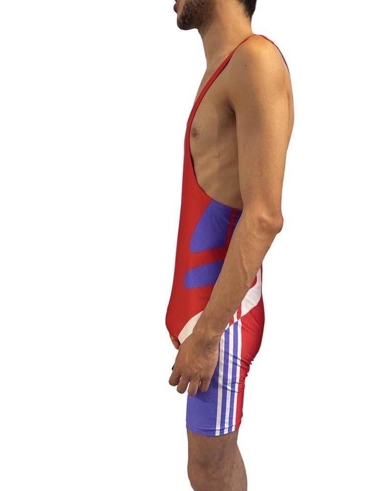 1980S Red White & Purple Wrestlers Adidas Unitard In Excellent Condition For Sale In New York, NY