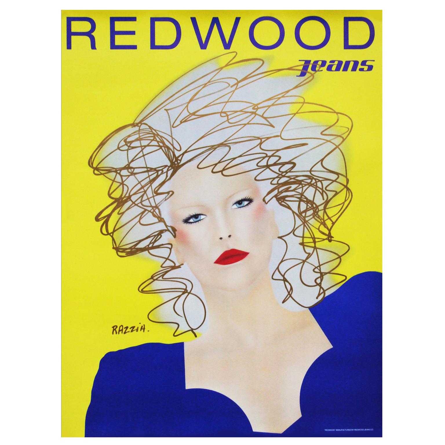 Original 1980s promotional poster for Redwood Jeans designed by Razzia, 1982.

First edition color offset lithograph.

Rolled.

Measures: L 83.5cm x W 63cm.