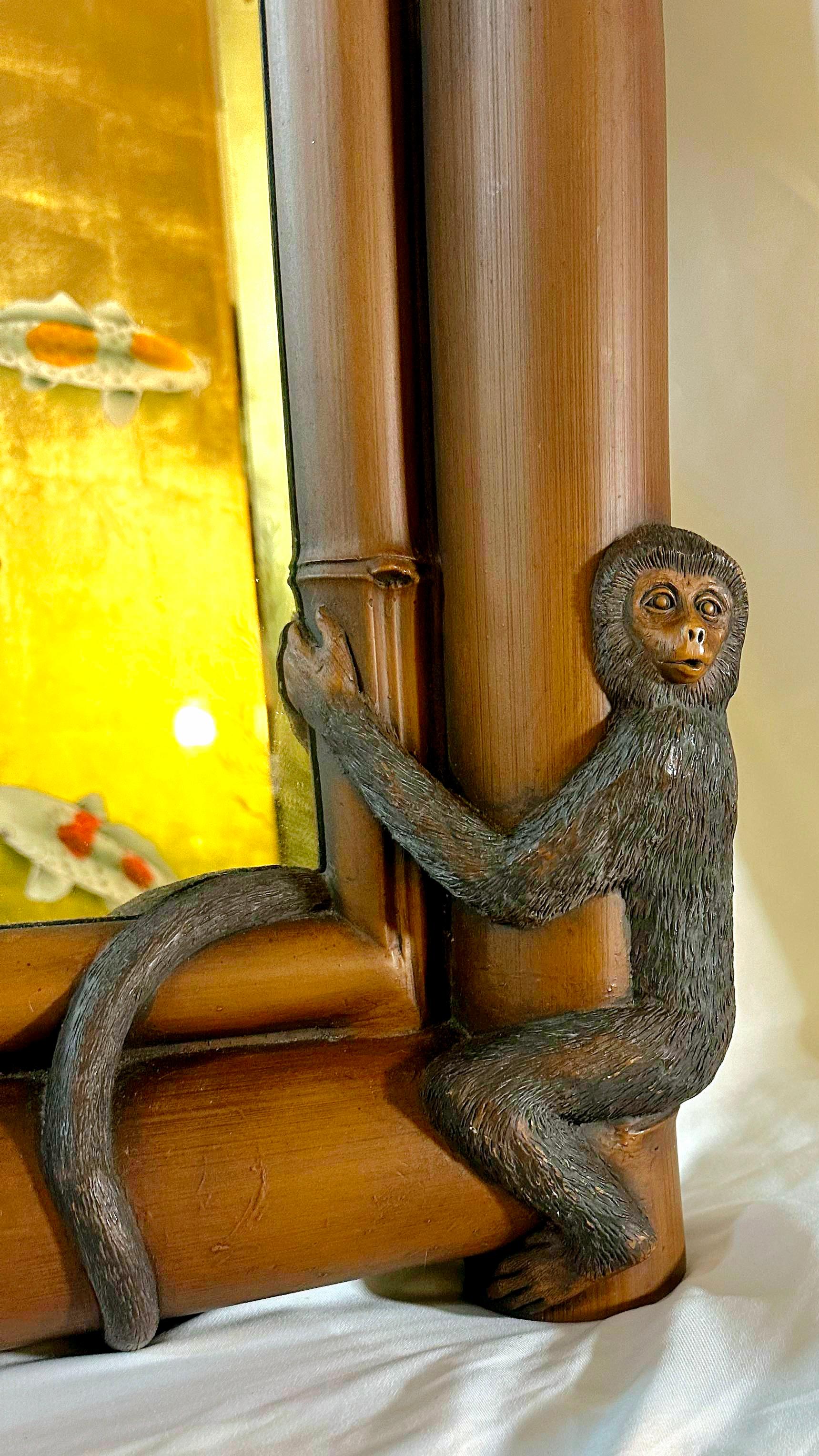 Bohemian 1980s Regency Style Cast Faux Bamboo Mirror Wrapped in Monkeys 