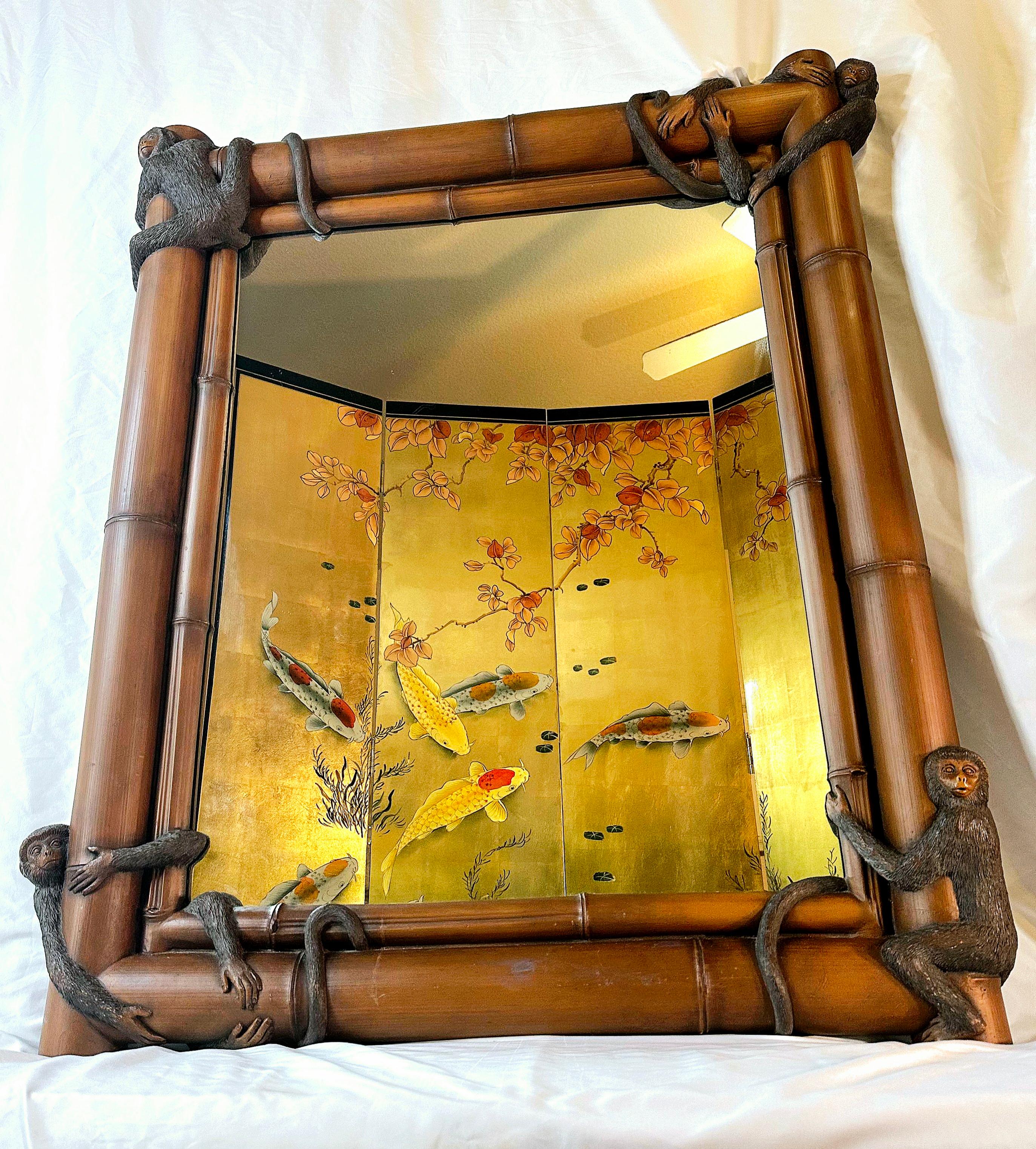 1980s Regency Style Cast Faux Bamboo Mirror Wrapped in Monkeys  In Good Condition In Waxahachie, TX