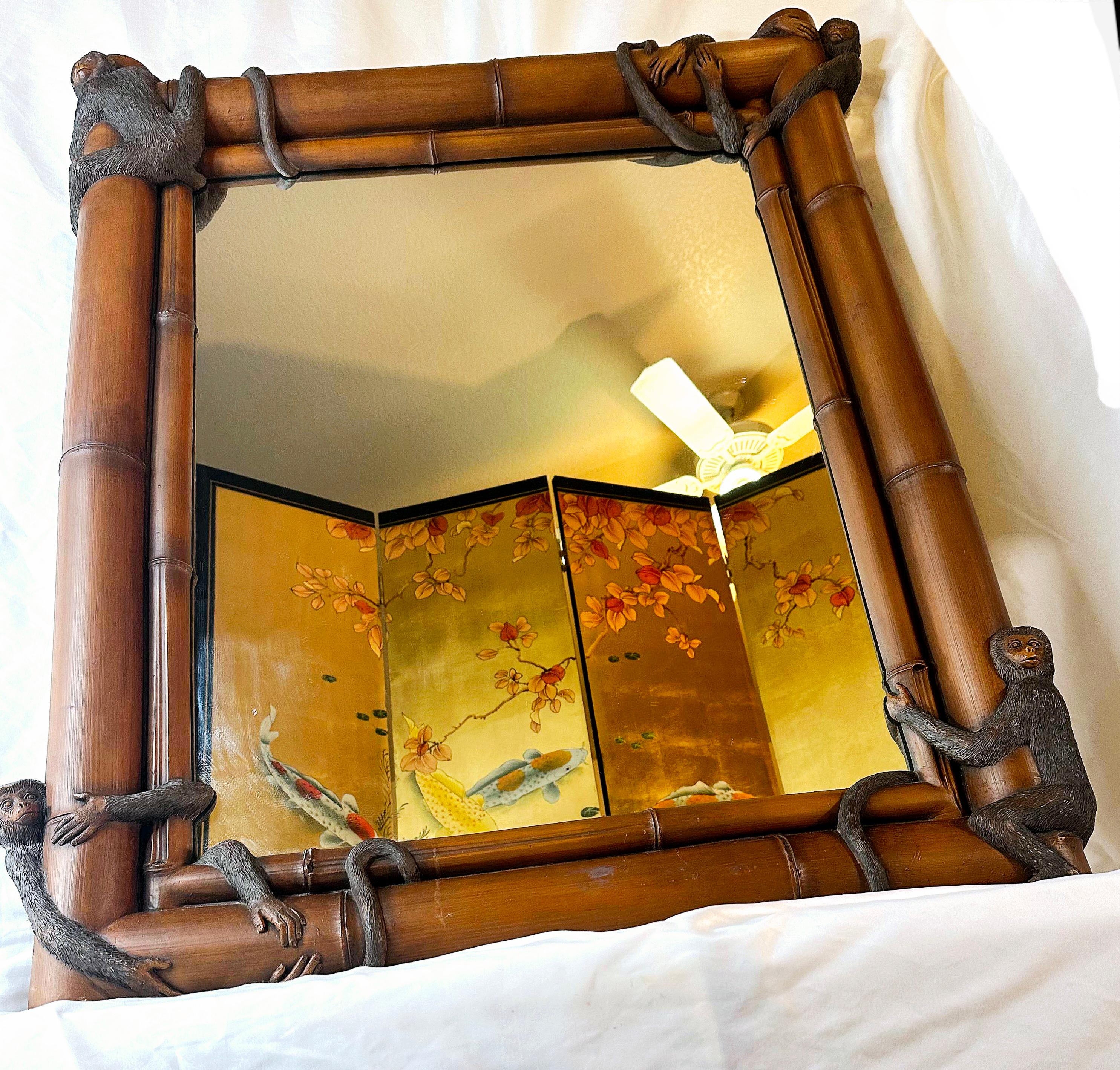 Composition 1980s Regency Style Cast Faux Bamboo Mirror Wrapped in Monkeys 