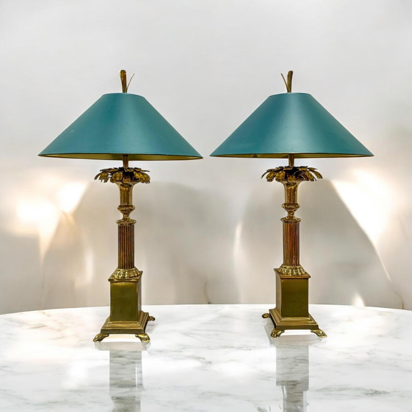 This is a fabulous pair of modern regency style brass pineapple form lamps by Chapman Manufacturing. They were manufactured in 1989. Sadly the shades have condition issue, but make such a strong statement that I included them. 