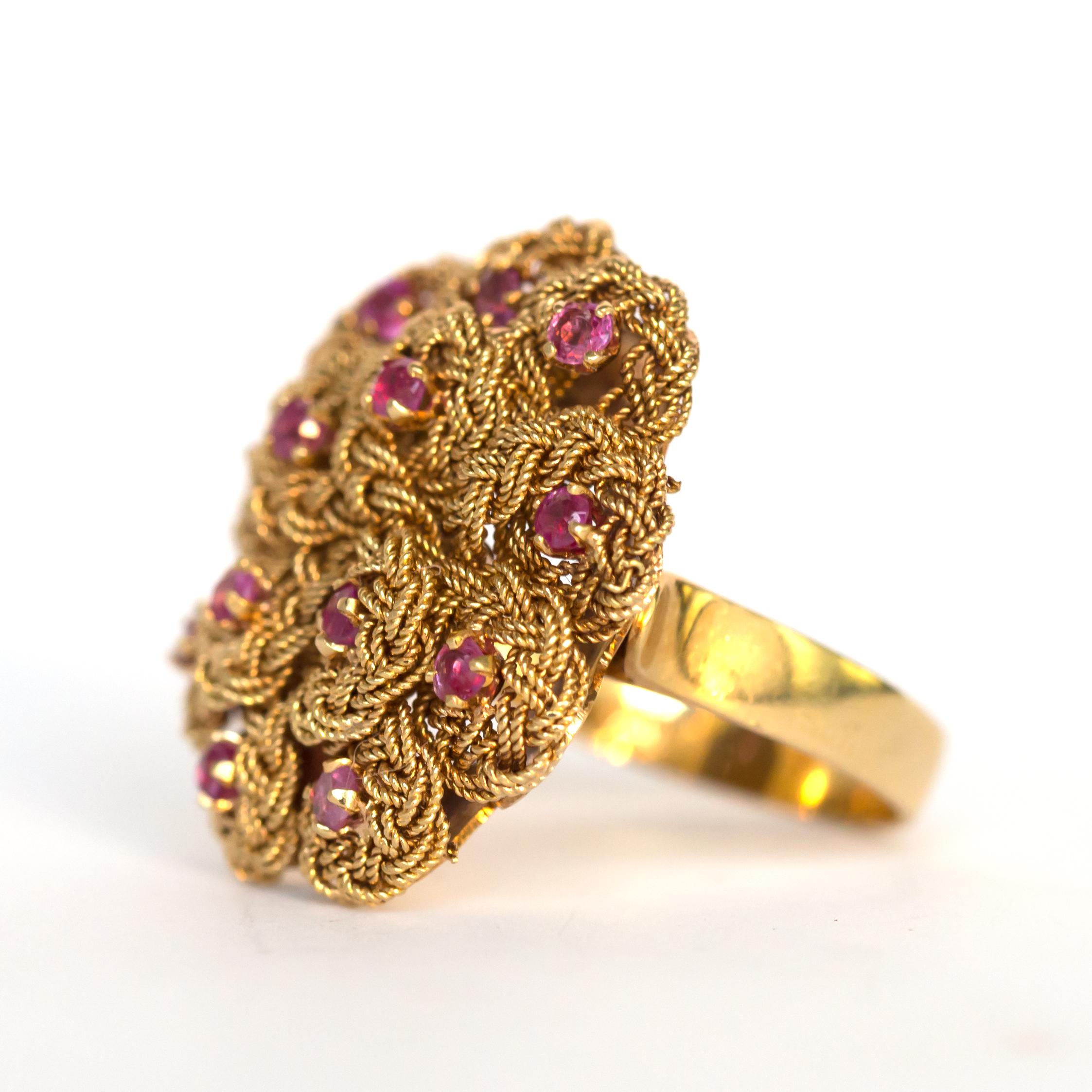 Item Details: 
Ring Size: 6.5
Metal Type: 18 Karat Yellow Gold
Weight: 9.8 grams

Color Stone Details: 
Type: Ruby, Natural
Carat Weight: .25 carat, total weight
Color: Intense Pink-Red

Finger to Top of Stone Measurement: 7.43mm