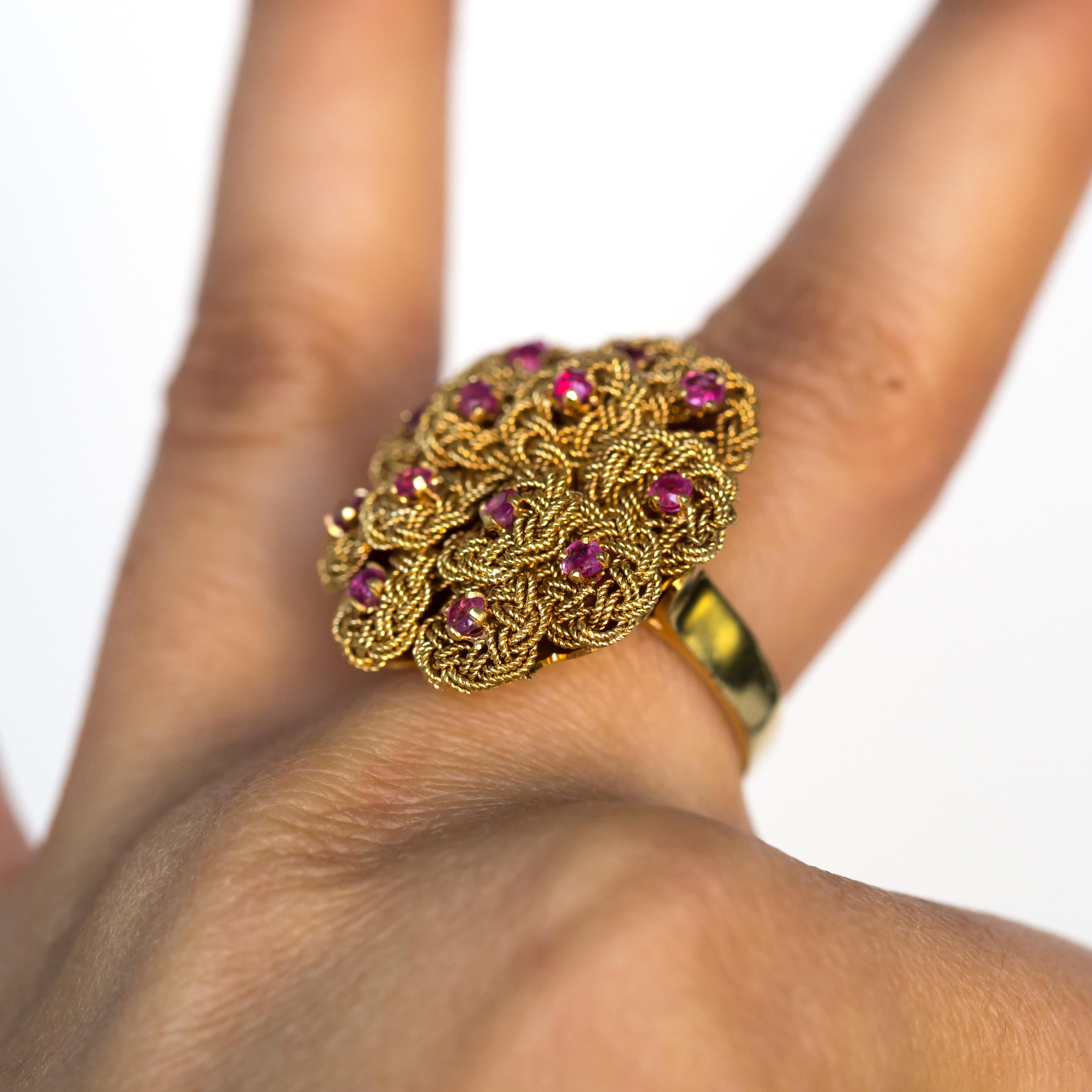 1980s Retro 18 Karat Yellow Gold Ruby Cocktail Ring For Sale 1