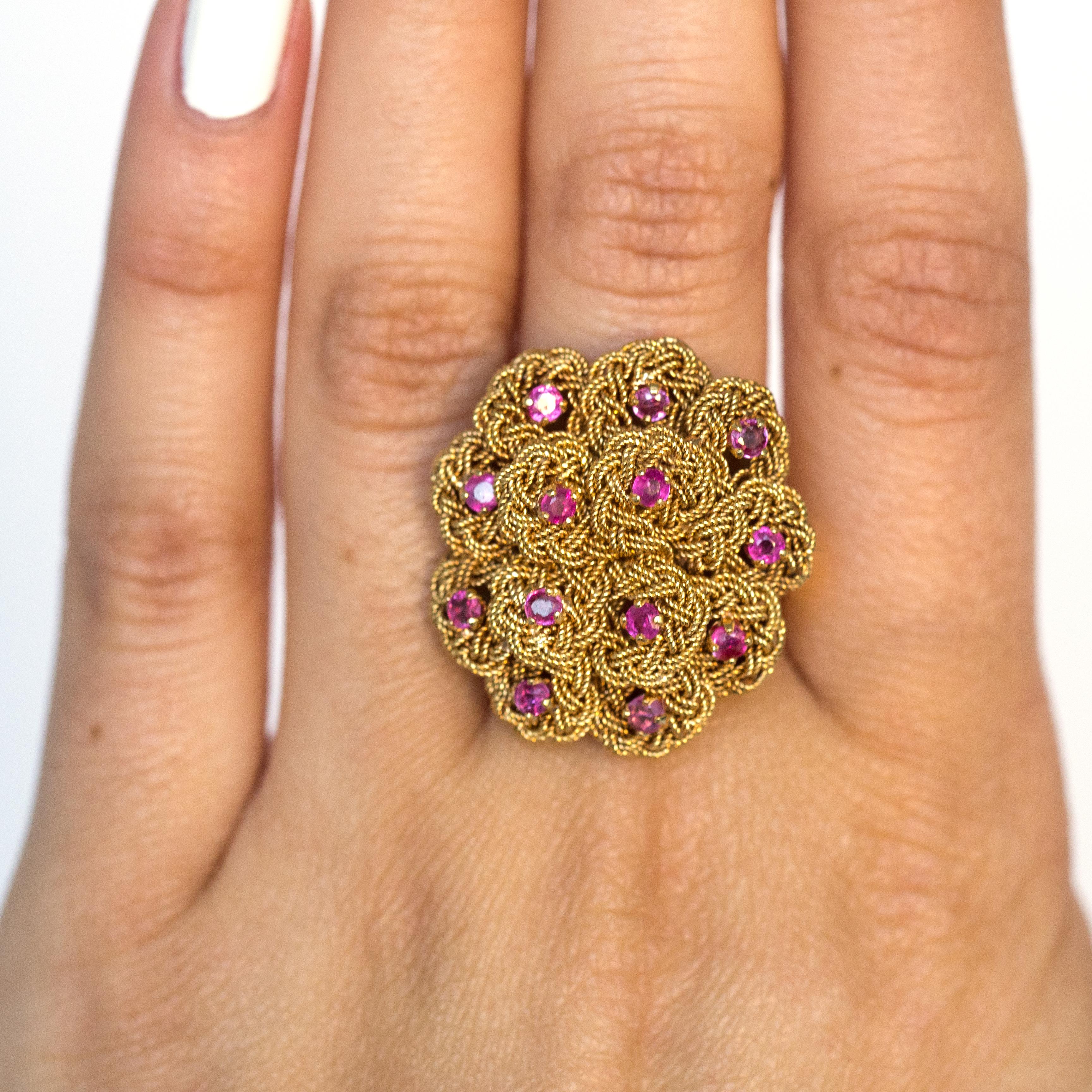 1980s Retro 18 Karat Yellow Gold Ruby Cocktail Ring For Sale 2