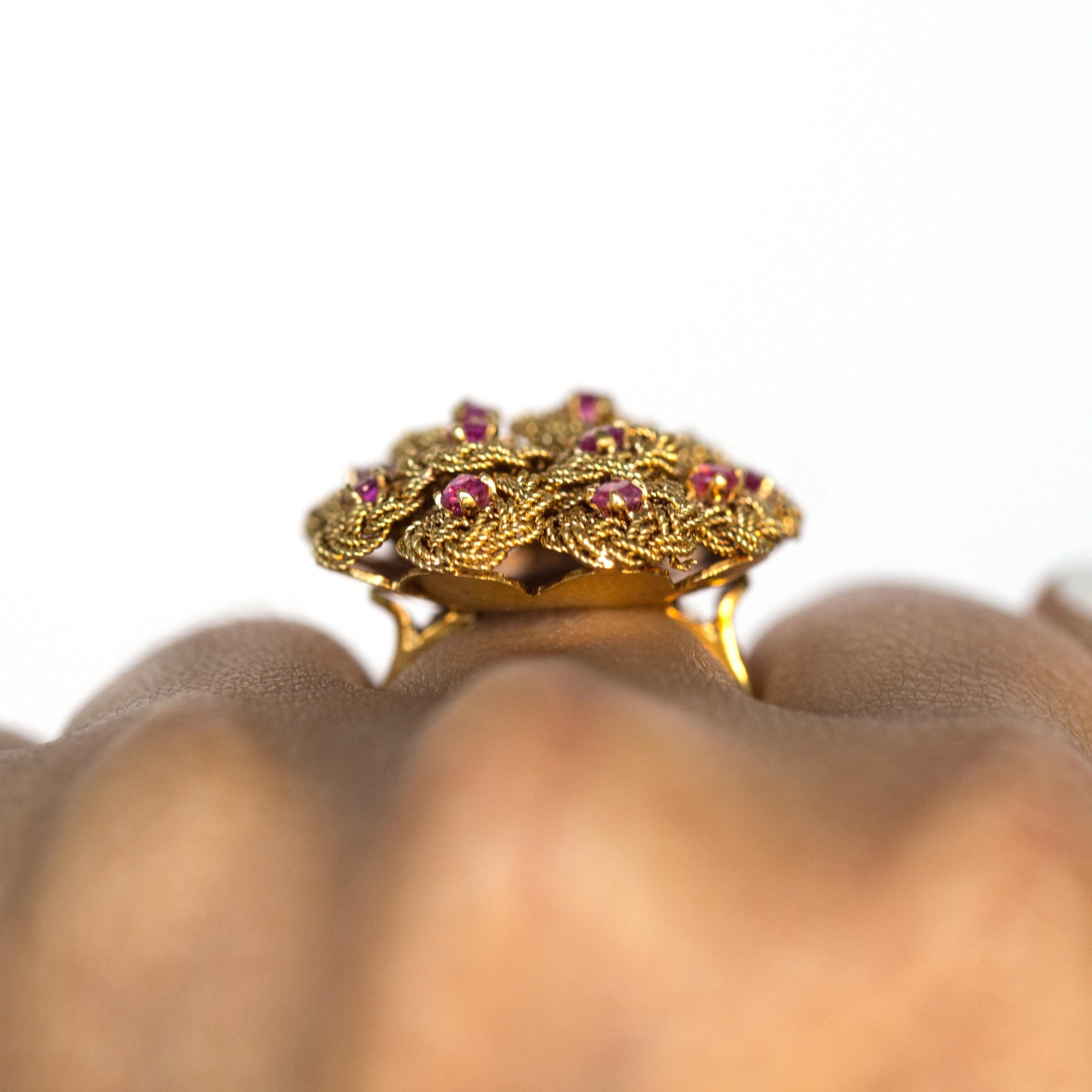 1980s Retro 18 Karat Yellow Gold Ruby Cocktail Ring For Sale 3