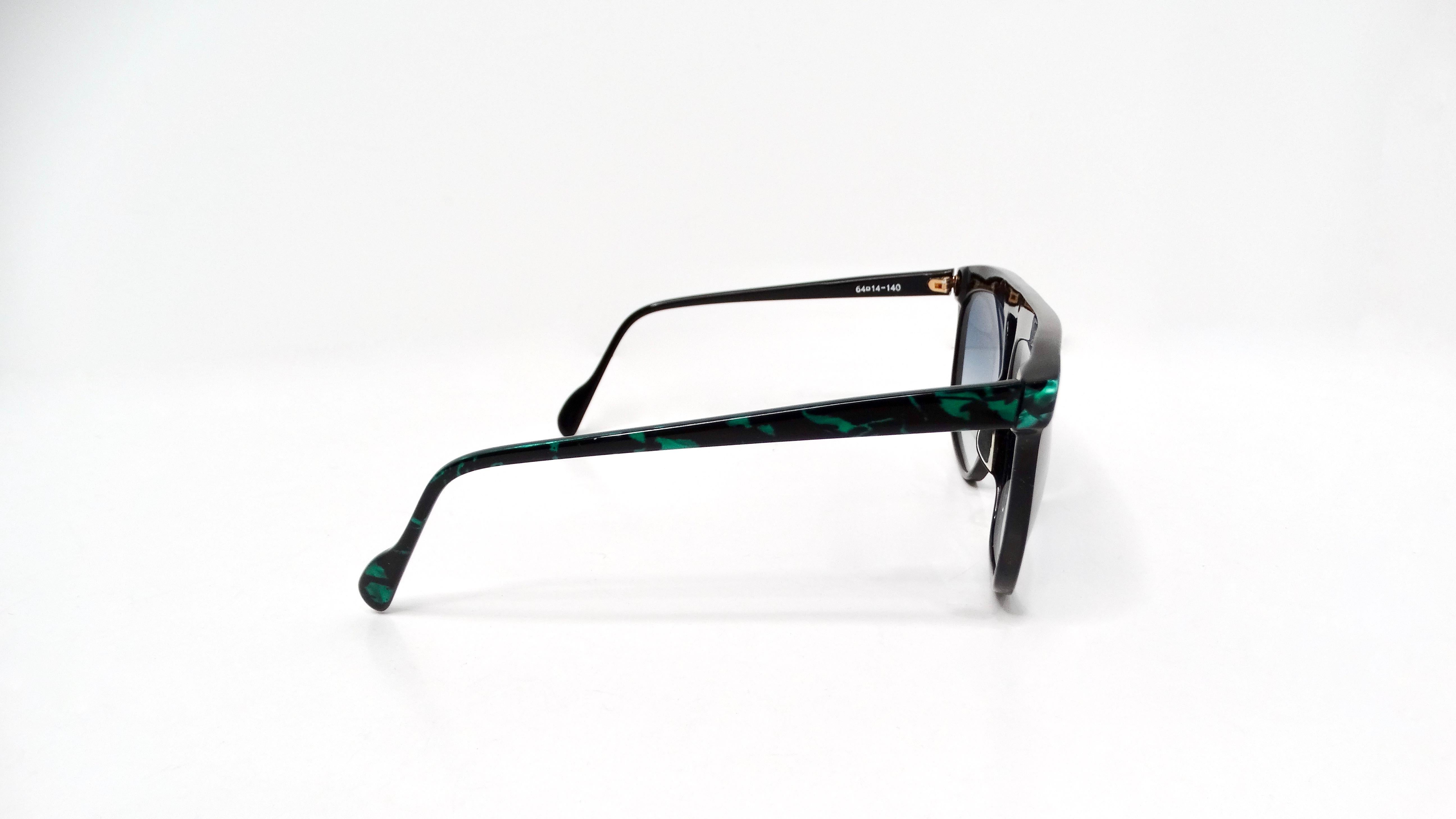 1980s Retro Black & Green Marble Style Blue Tinted Sunglasses 2
