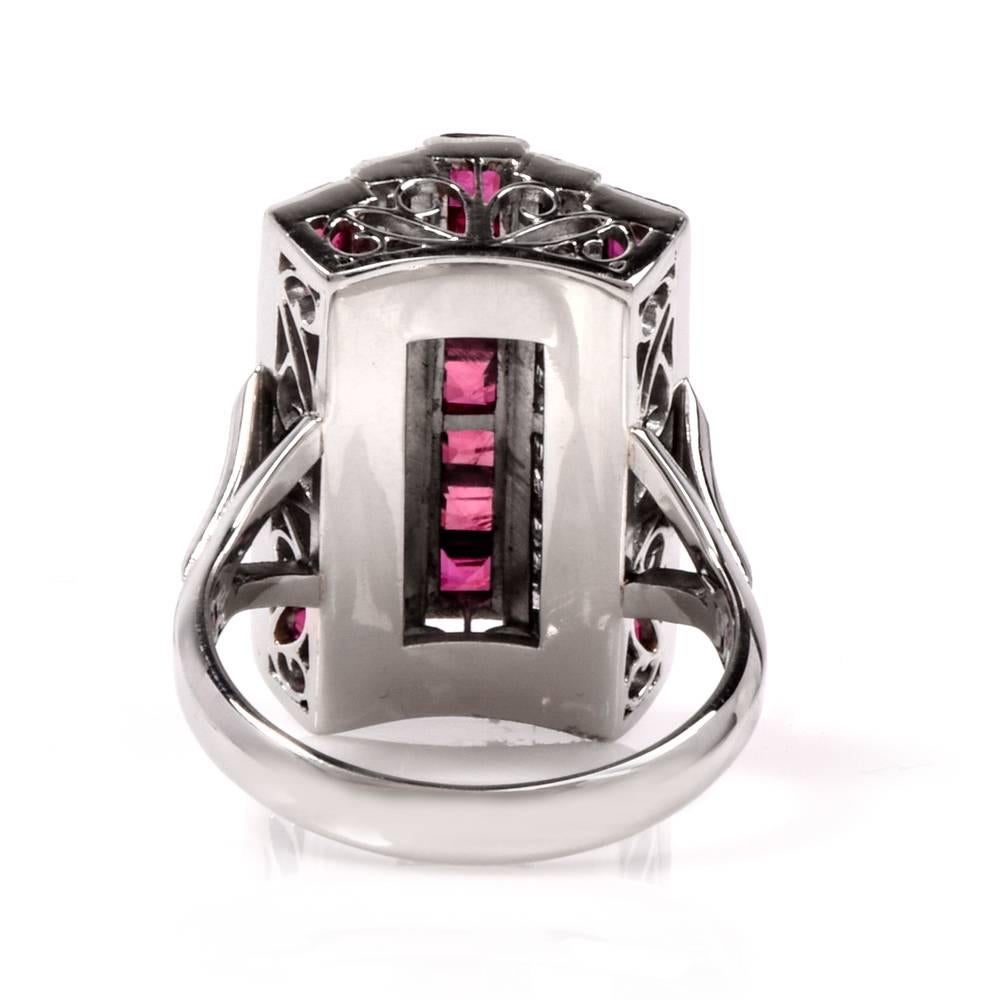 Women's 1980s Retro Design Ruby Diamond Platinum Cocktail Ring