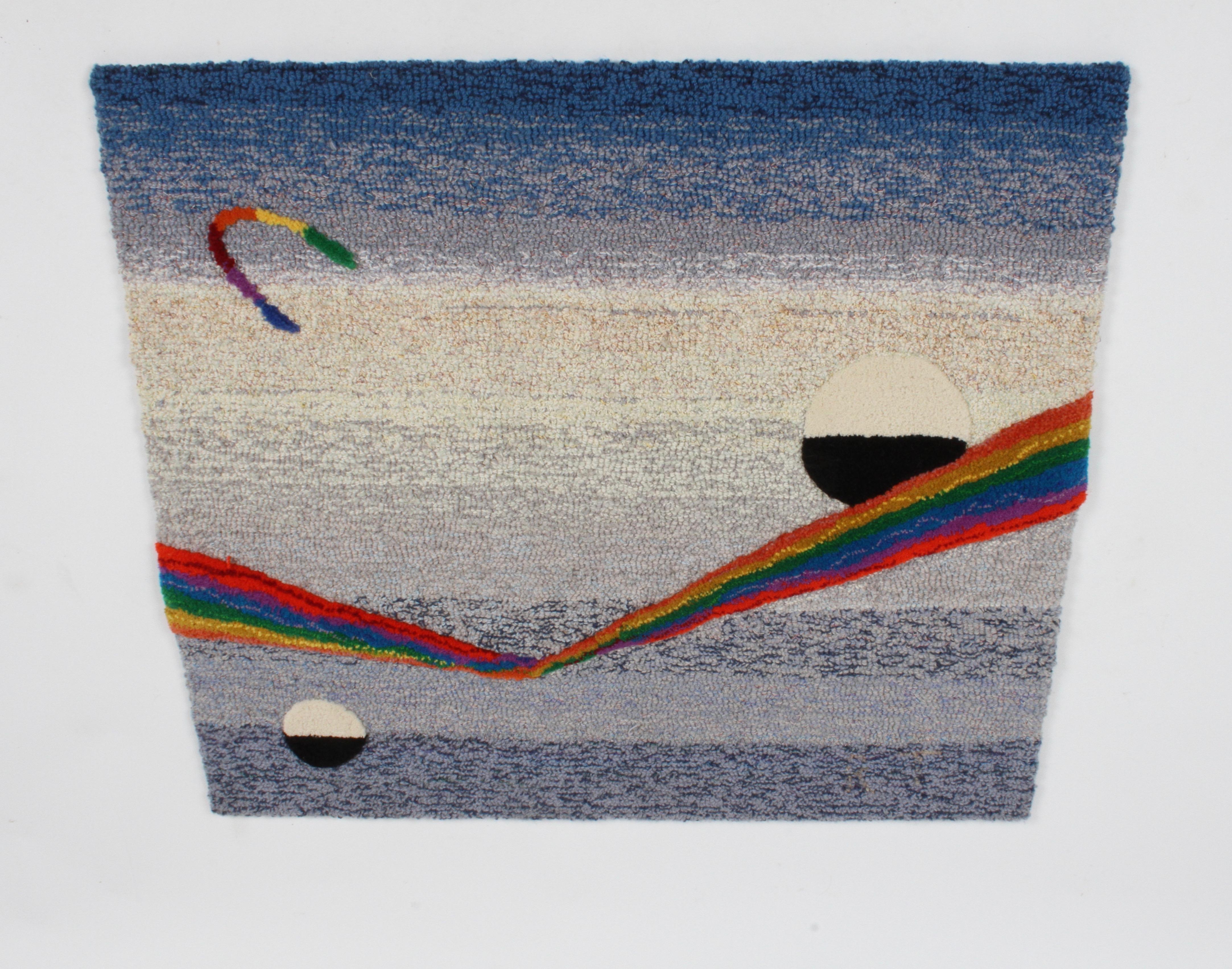 Designer rugs of Australia, circa 1980s wool wall tapestry, hanging or rug, titled Space Fantasy and signed R.T on front. Raised plush rainbow spectrum and two black & white planets on blue tone and cream gradient background. Label on reverse has